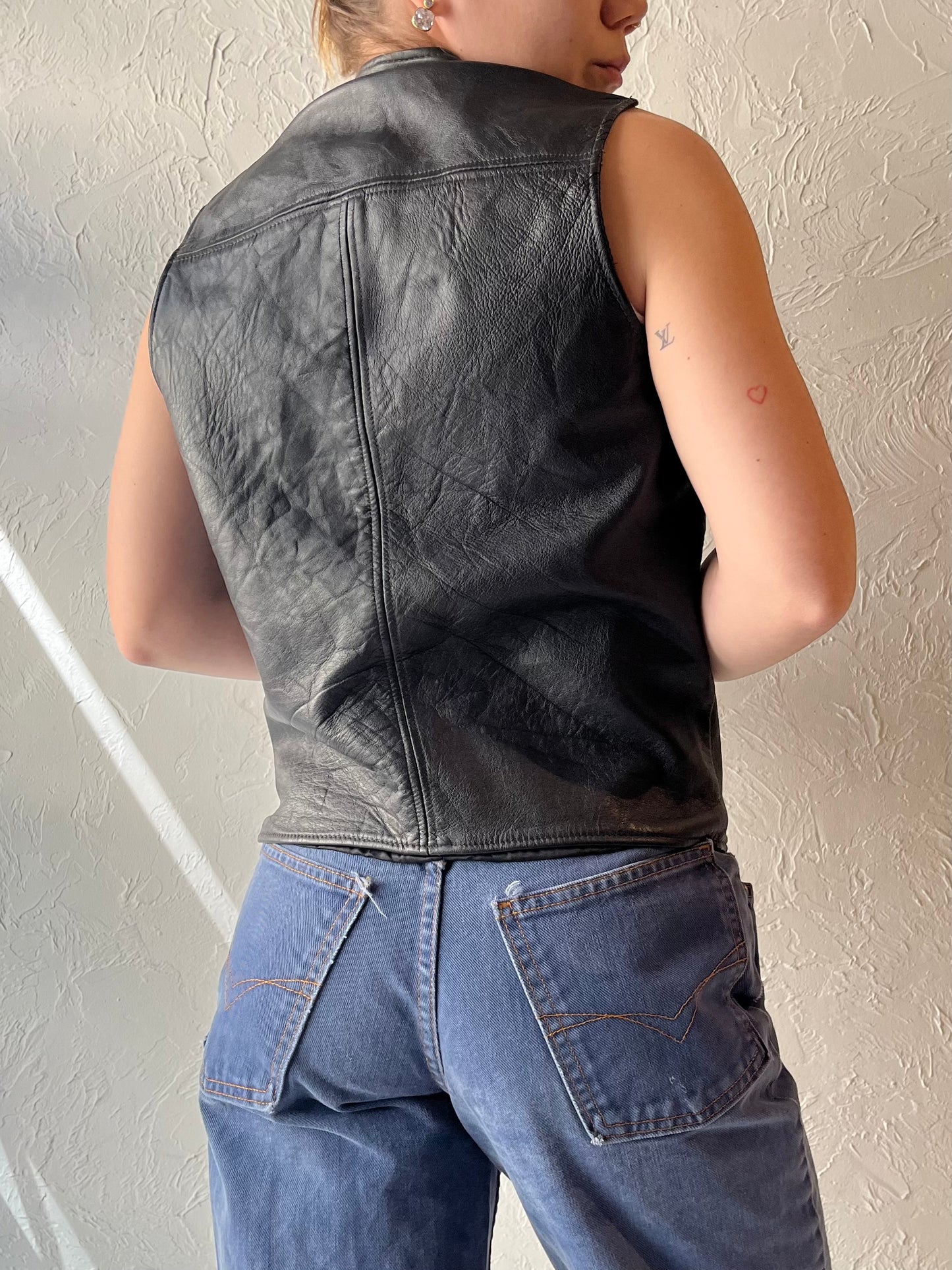 Vintage Black Leather Vest / Medium