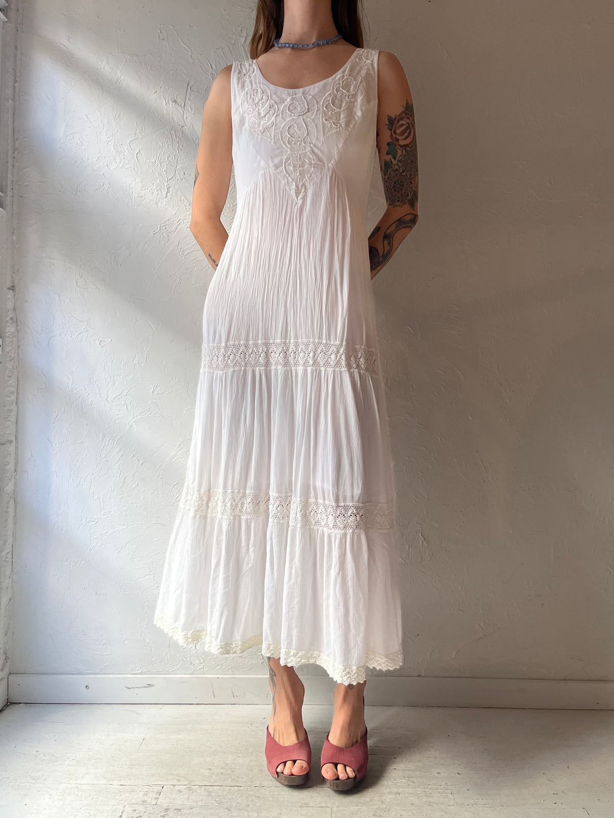 Y2k 'Magic' White Romanic Boho Cottagecore Embroidered Summer Maxi Dress / Medium