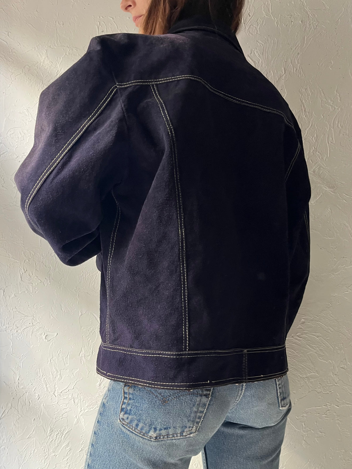 70s Vintage Navy Blue Suede Leather Trucker Jacket / Western Cowboy Contrast Stitch Utility Workwear Coat / Large