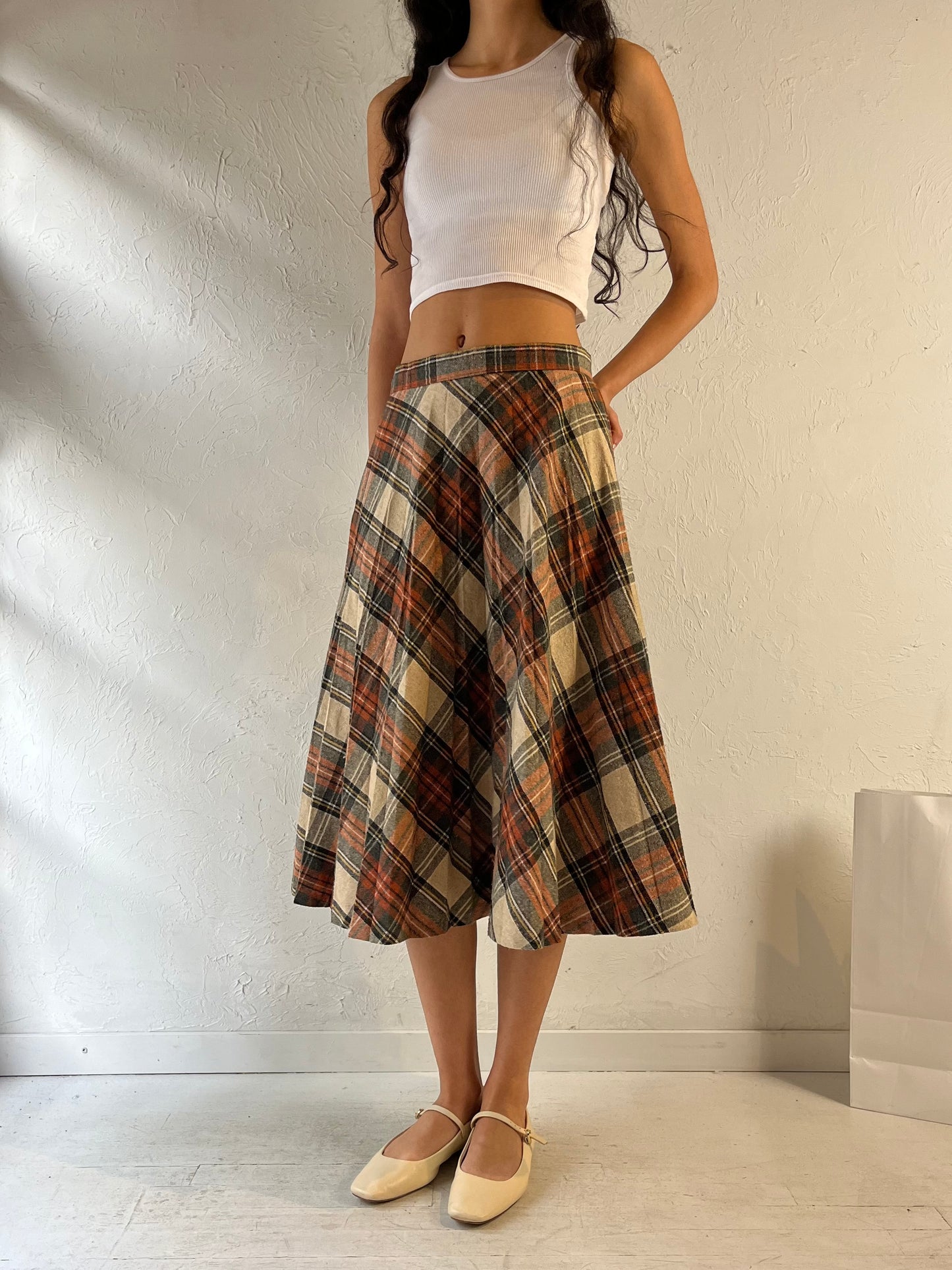 Vintage Plaid Wool Knit Midi Skirt / Medium