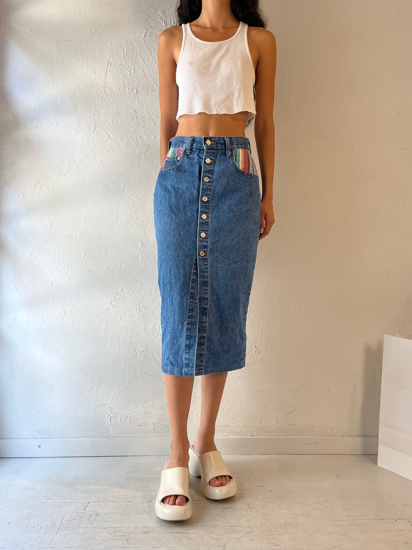 90s 'Steel' Denim Pencil Skirt / Small