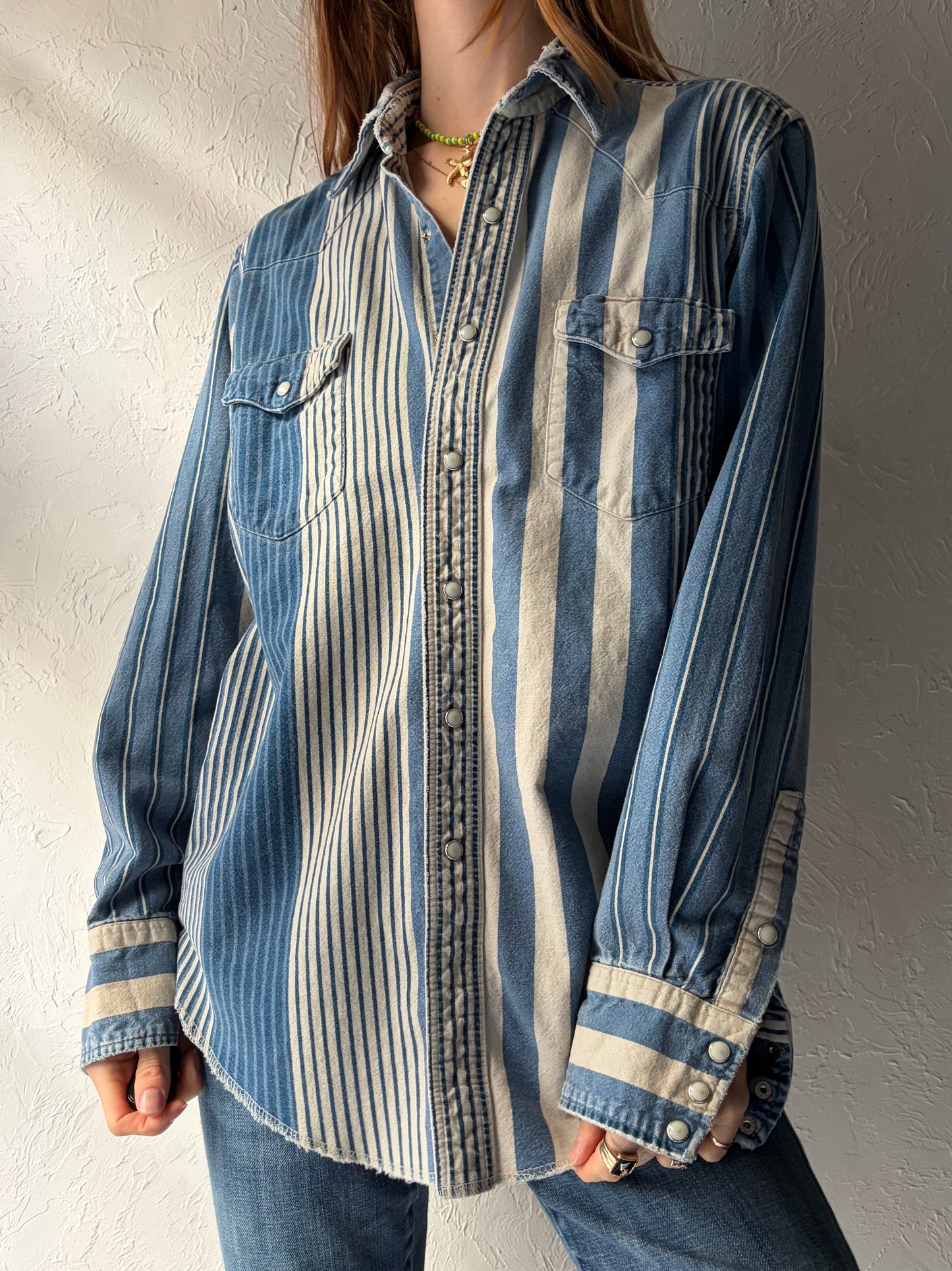 90s 'Wrangler' Denim Pearl Snap Western Shirt / Medium