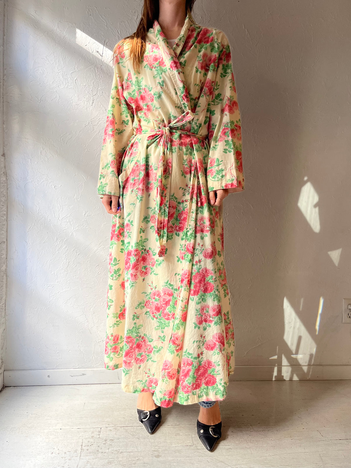 Y2k 'April Cornell' Yellow Floral Light Weight Cotton Robe / XL