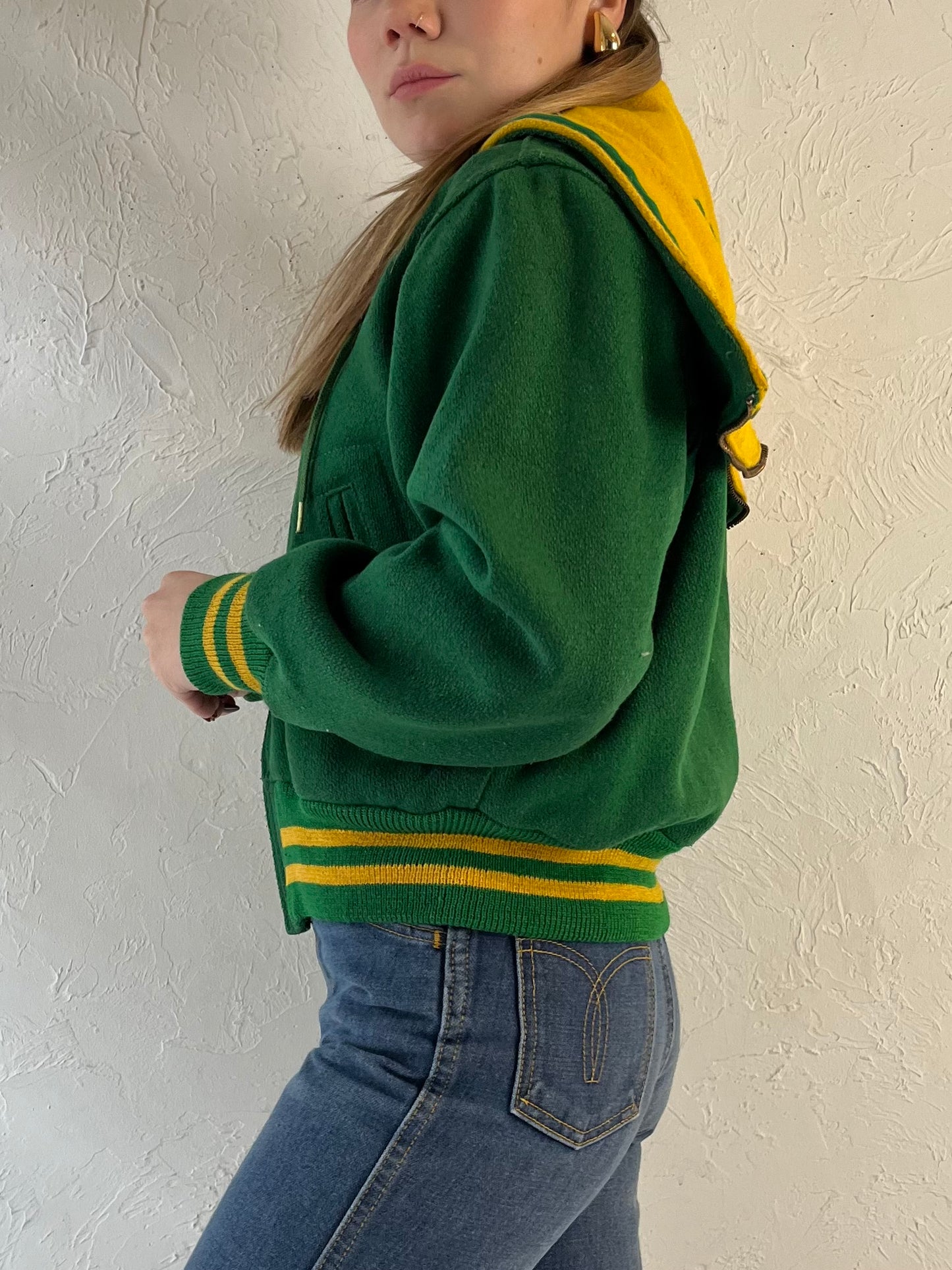 70s Youth Green Wool Varsity Jacket / Union Made / Small