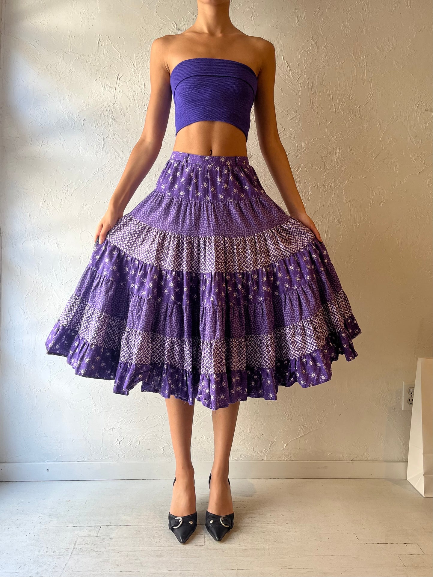 Vintage Handmade Purple Cotton Western Midi Skirt / Small