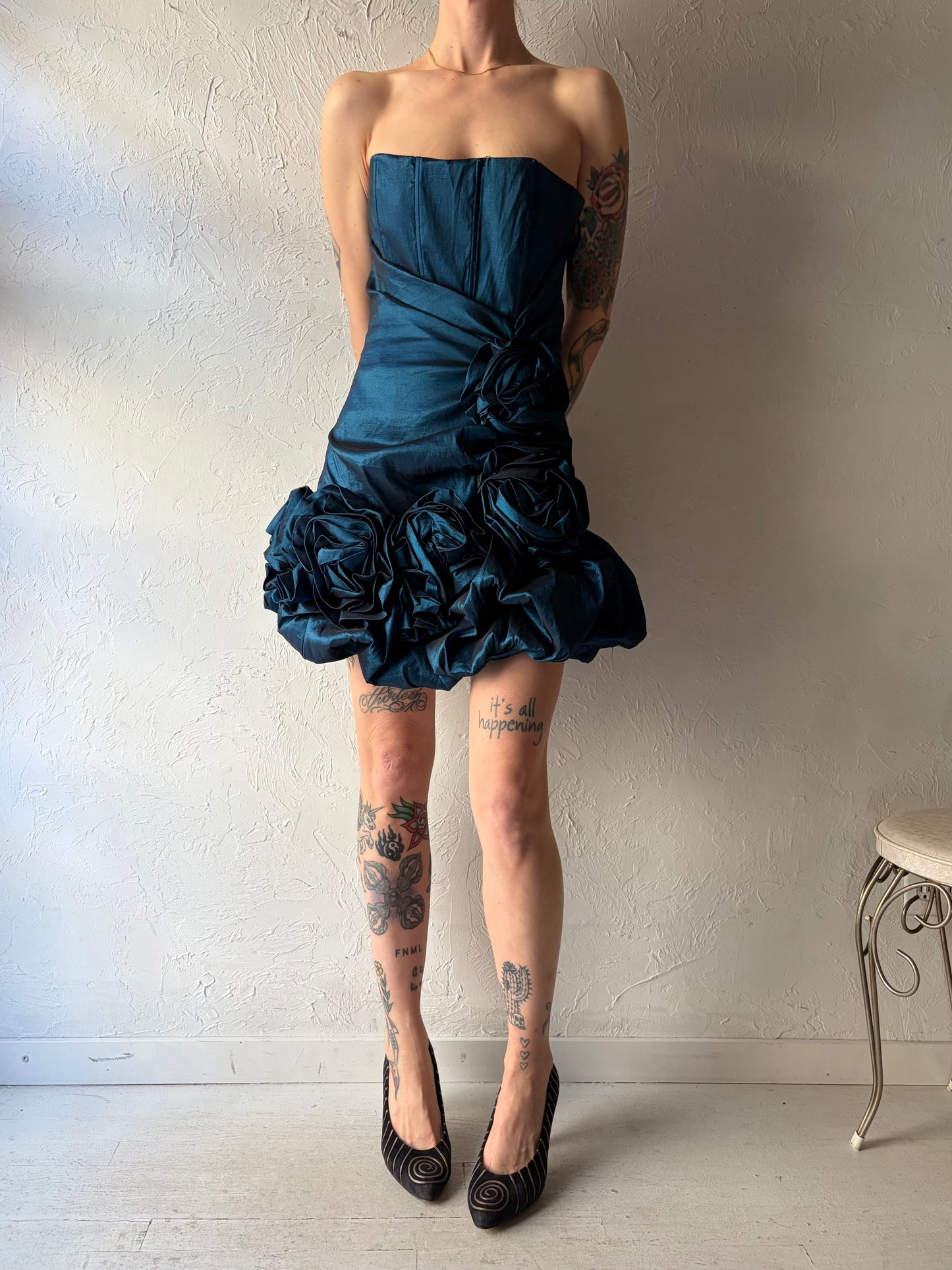 Y2k 'Sakura' Metallic Blue Strapless Formal Mini Dress / Large