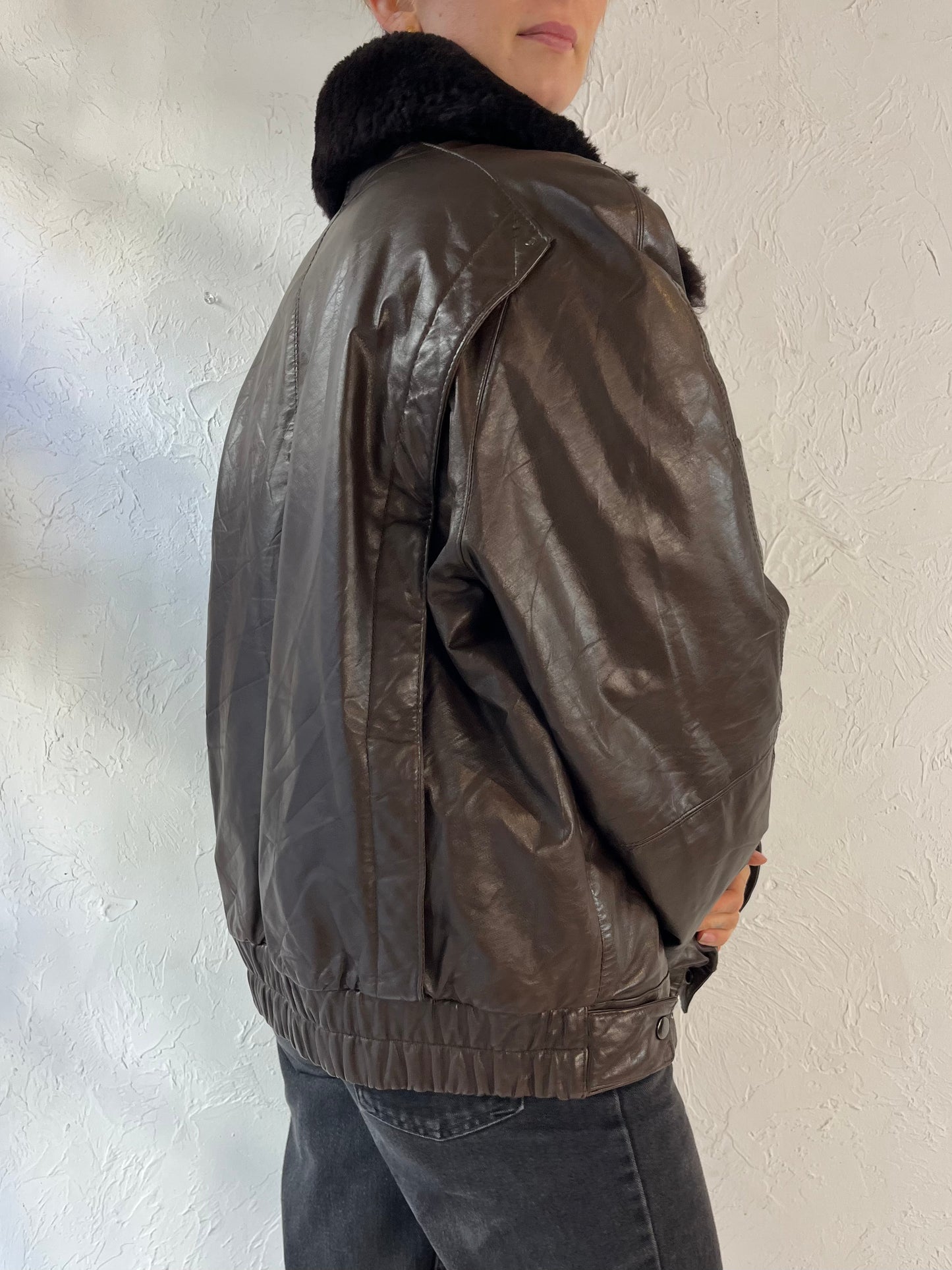 90s 'Members Only' Brown Leather Flight Jacket / Large