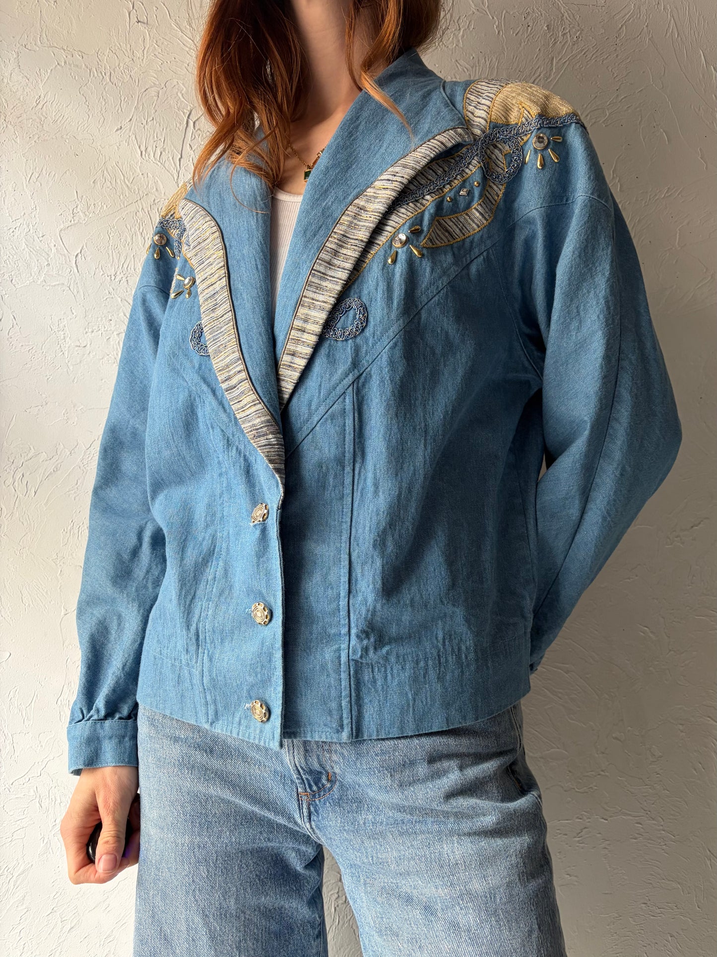80s 'City Girl' Retro Embellished Western Denim Jacket / Medium