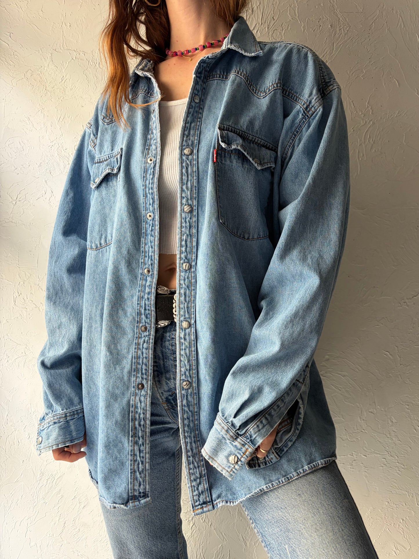 90s 'Levis' Pearl Snap Western Denim Shirt / XL