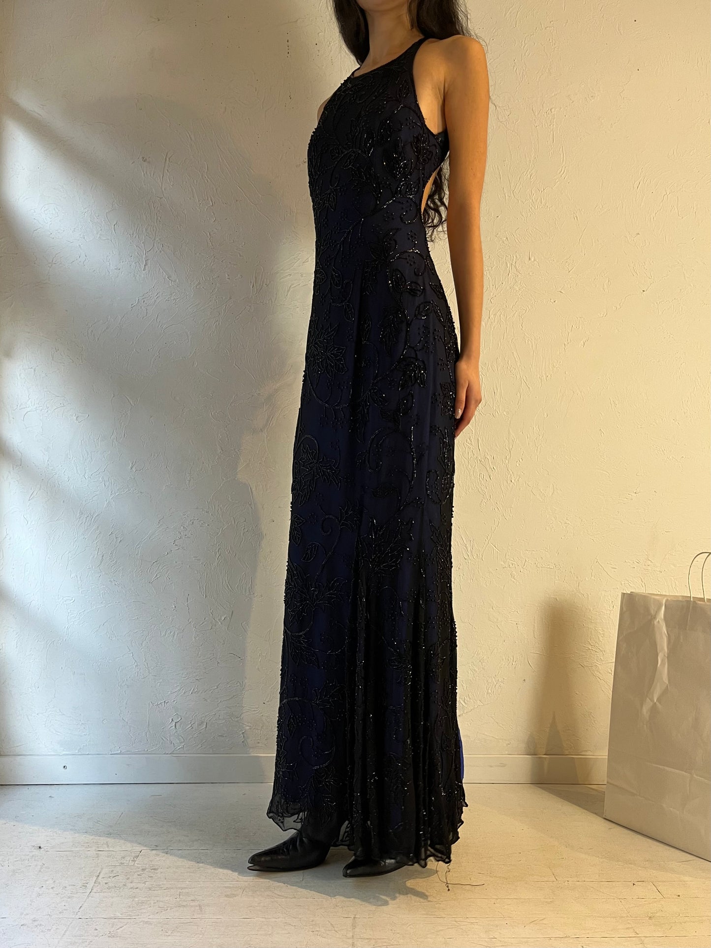 Y2K ‘Sean Collection’ Navy Blue Beaded Formal Dress / Large