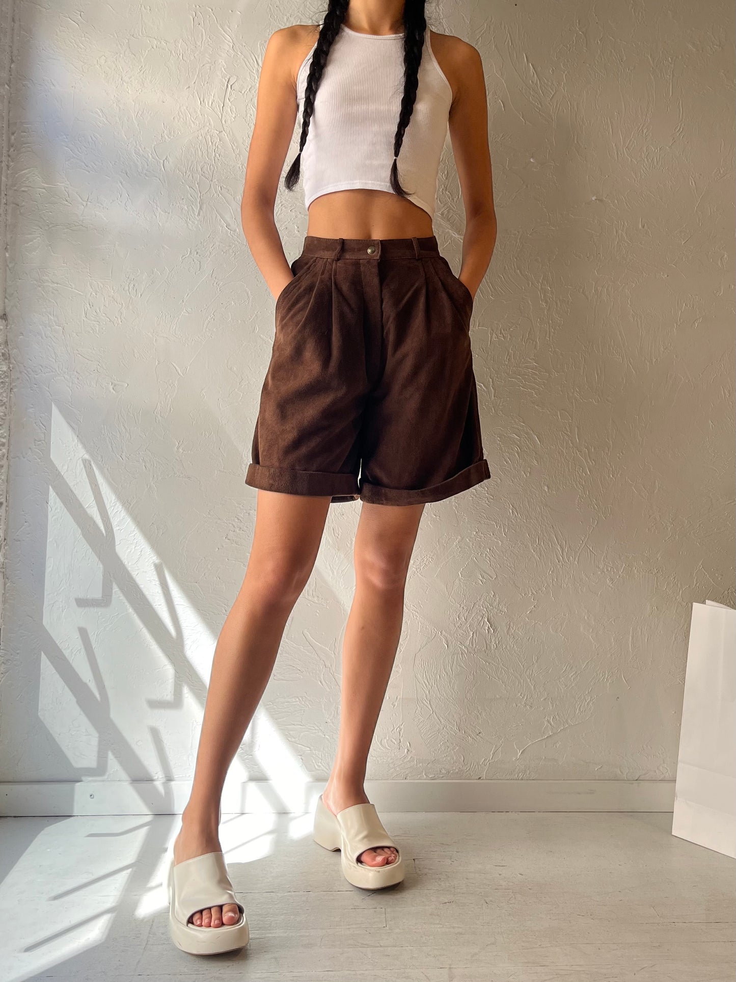 70s 'Courreges' Brown Suede Leather Shorts / Small