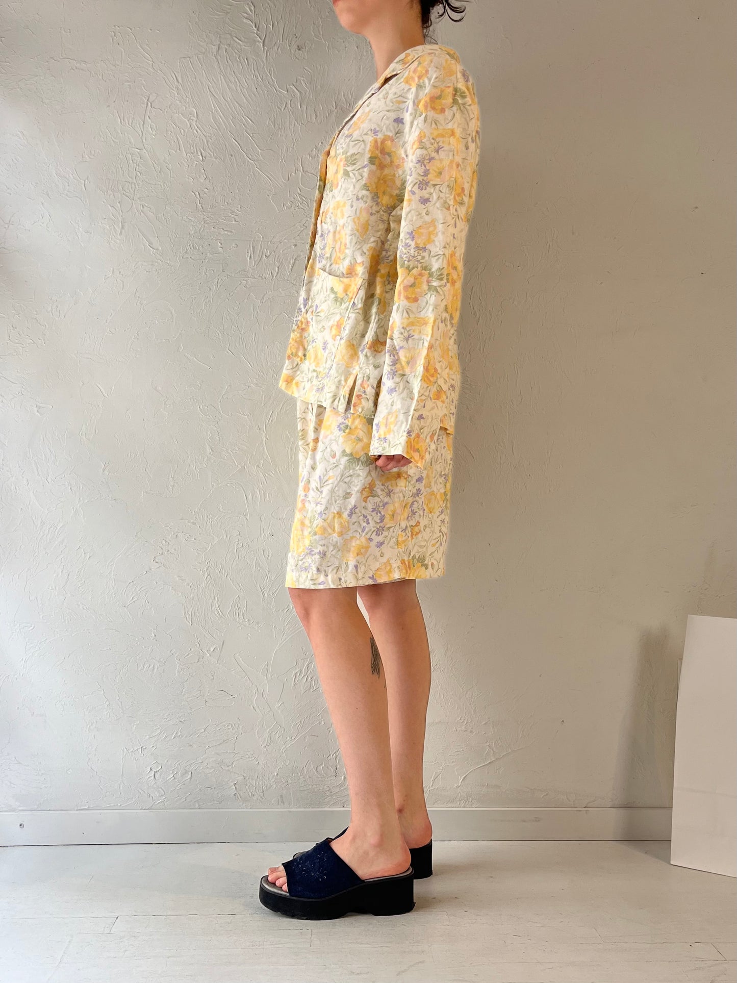 90s 'Jones Wear' Yellow Floral Linen Set / Large