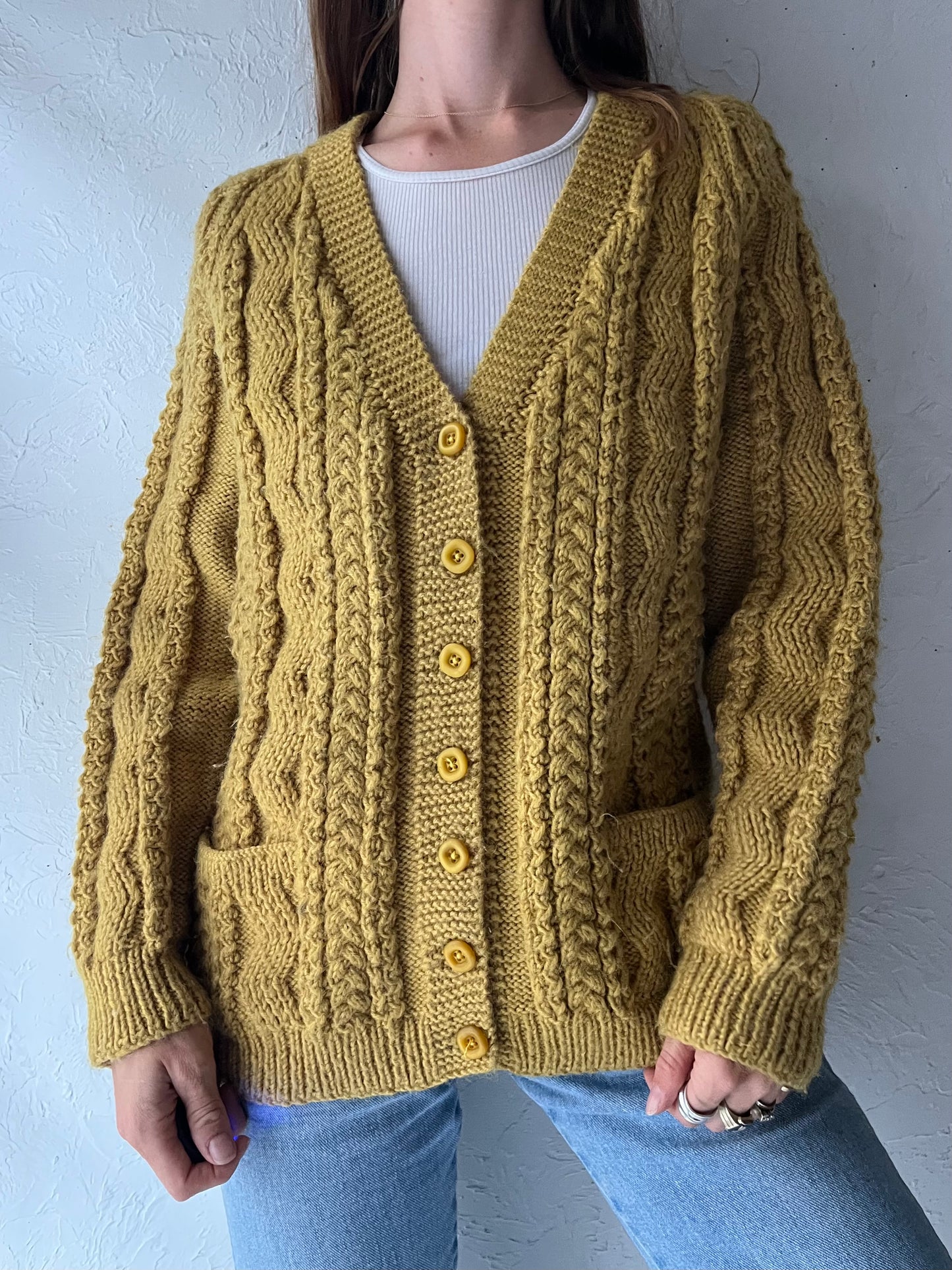 Vintage HandKnit Chartreuse Cable Knit Cardigan Sweater / Medium