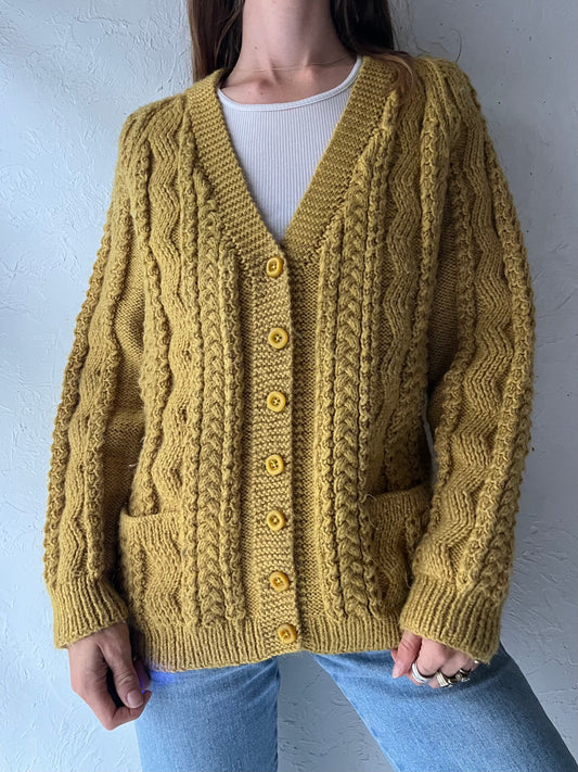 Vintage HandKnit Chartreuse Cable Knit Cardigan Sweater / Medium