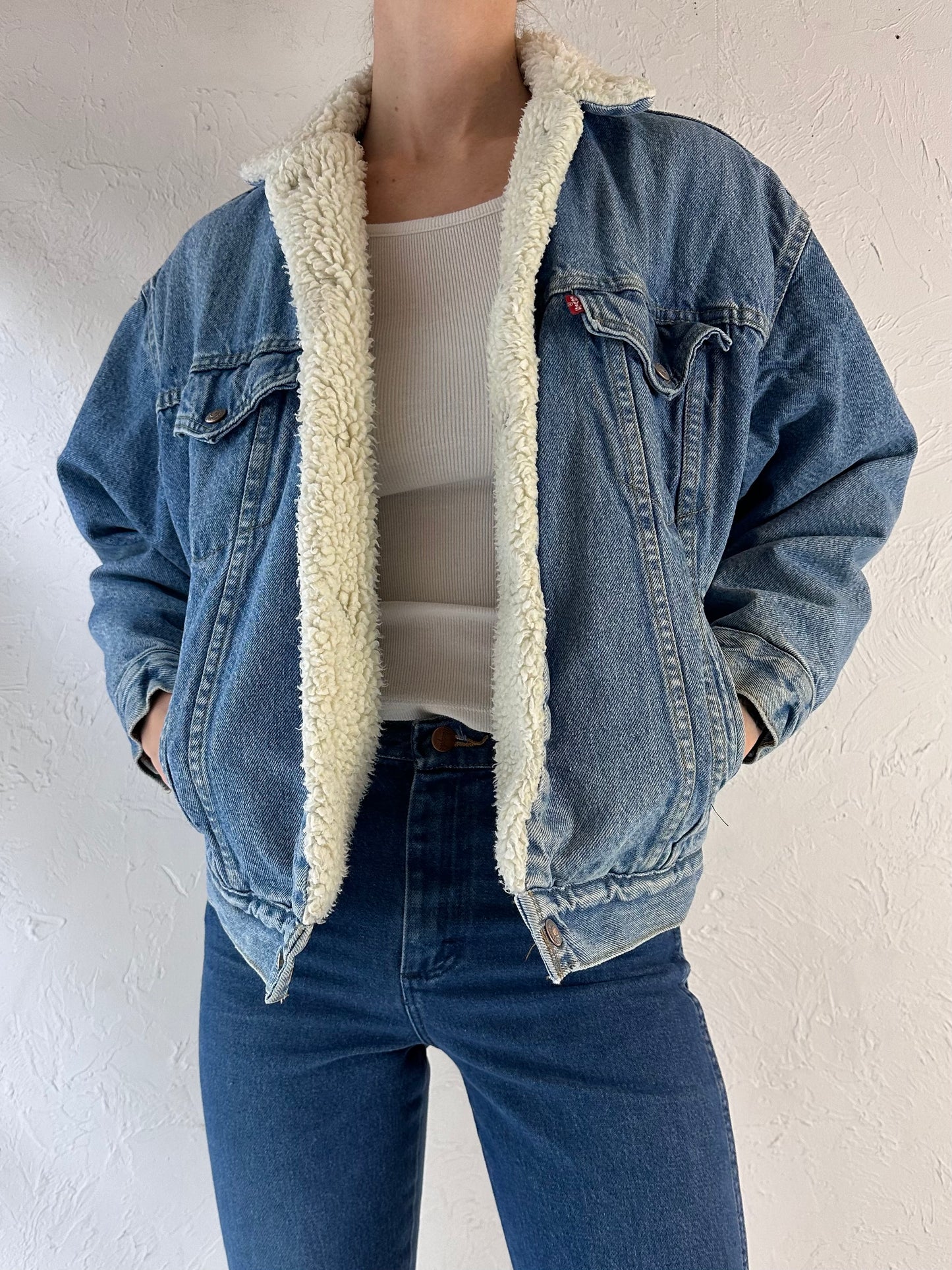 80s 'Levis' Faux Shearling Lined Denim Jacket / Youth L