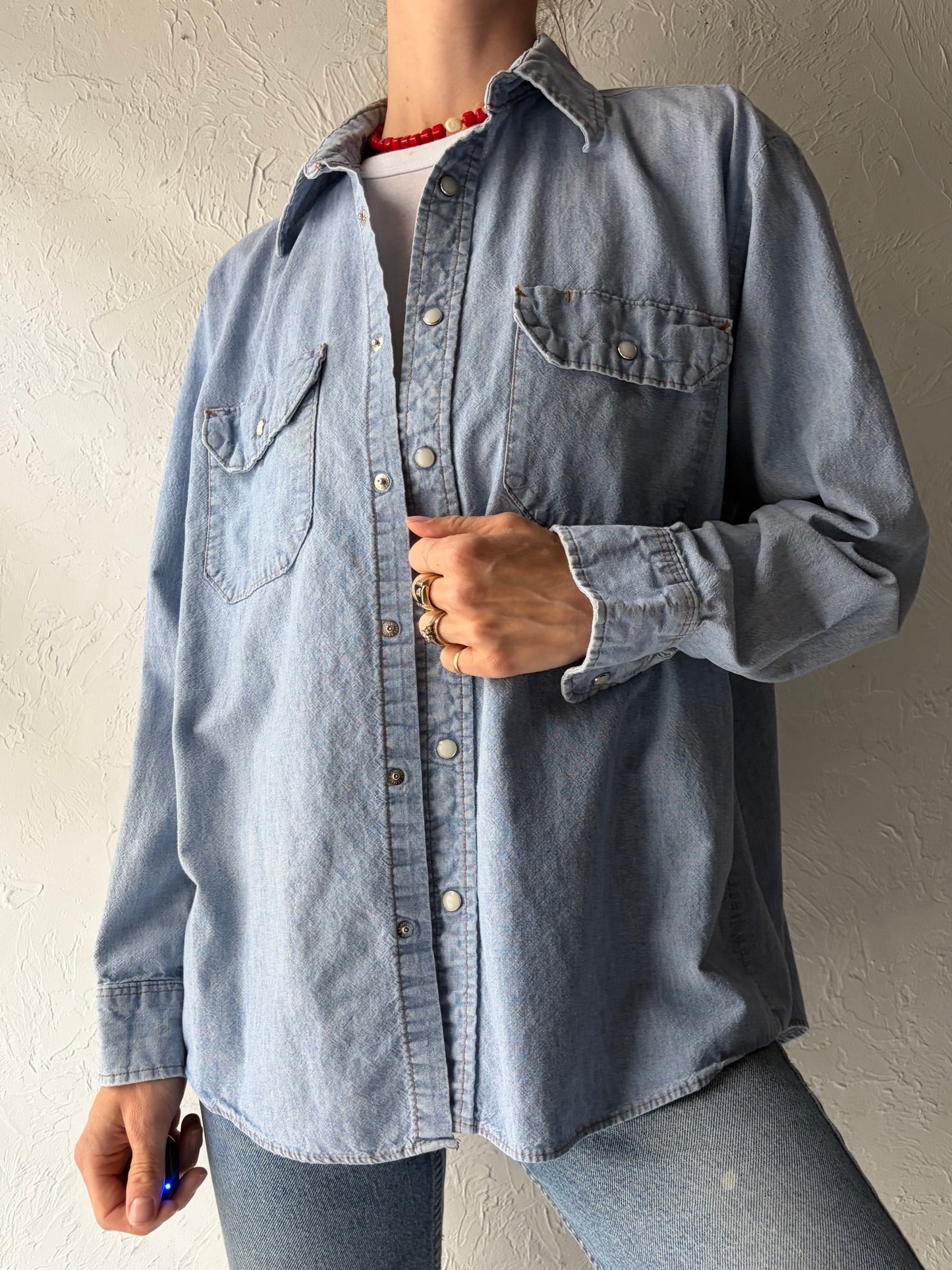 90s 'Big Ben' Denim Western Cowboy Workwear Pearl Snap Shirt / Large