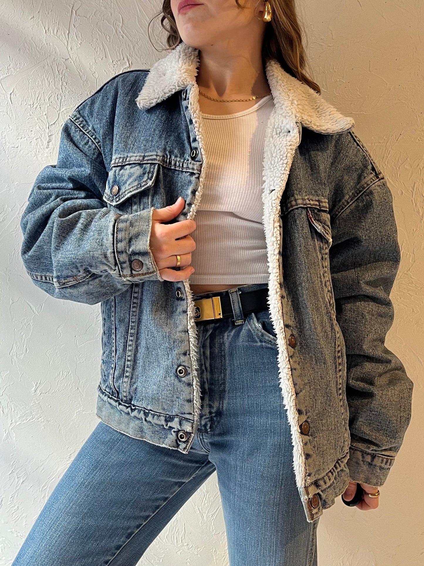 90s 'Levis' Faux Shearling Lined Denim Jacket / Medium