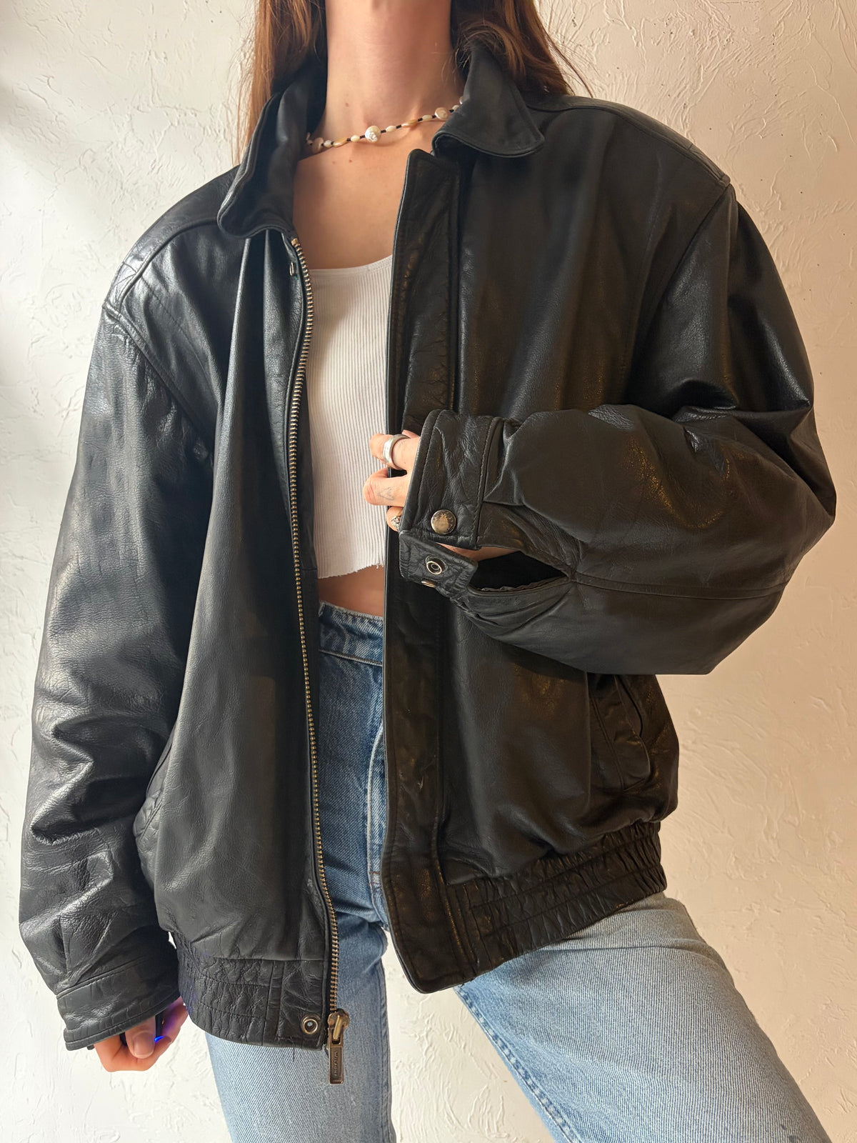 90s 'Wilsons' Black Leather Bomber Jacket / Large