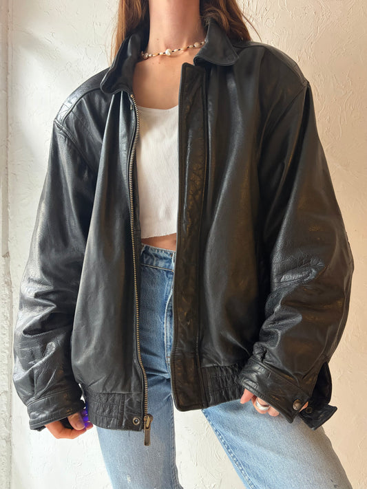 90s 'Wilsons' Black Leather Bomber Jacket / Large
