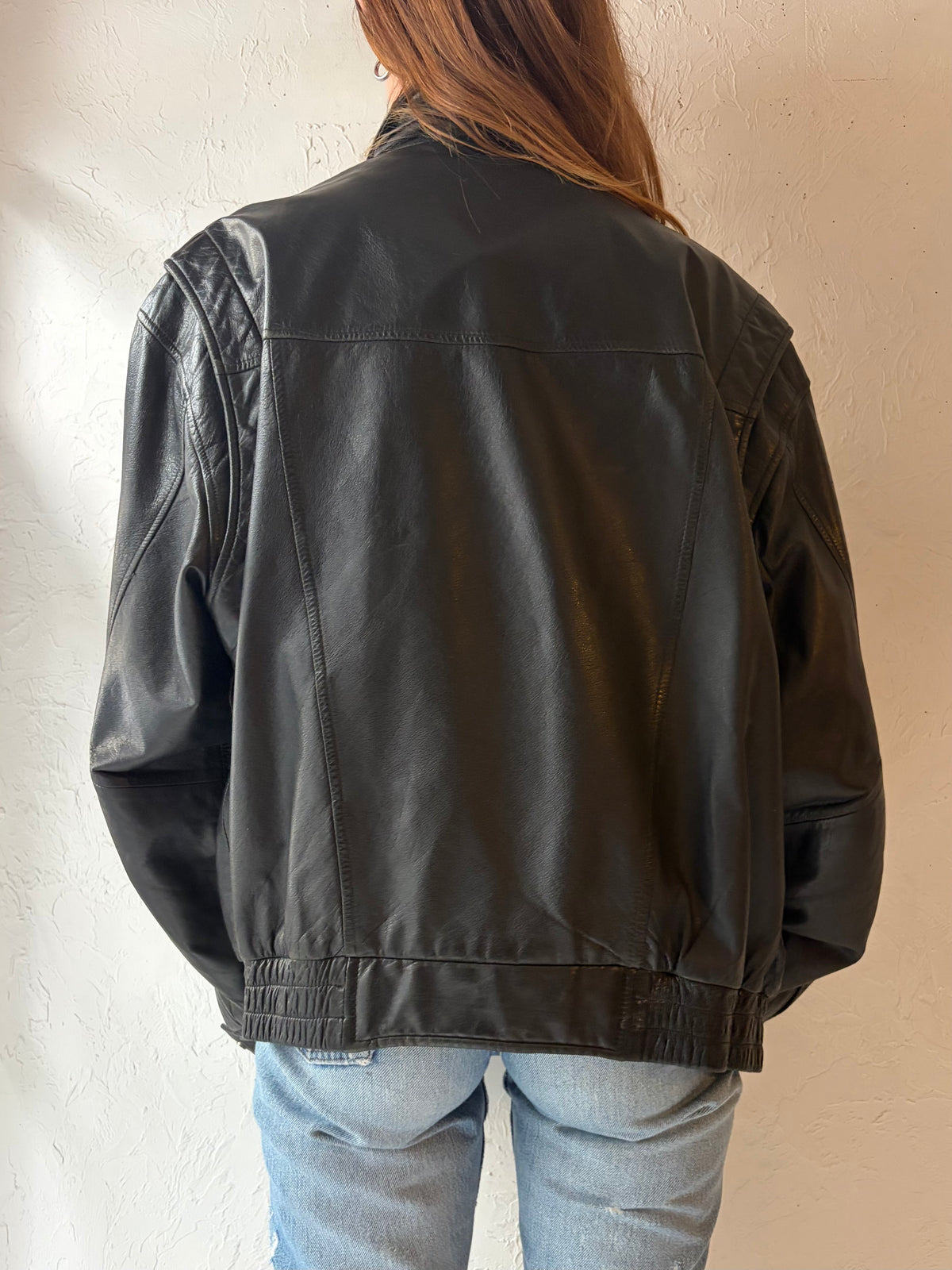 90s 'Wilsons' Black Leather Bomber Jacket / Large