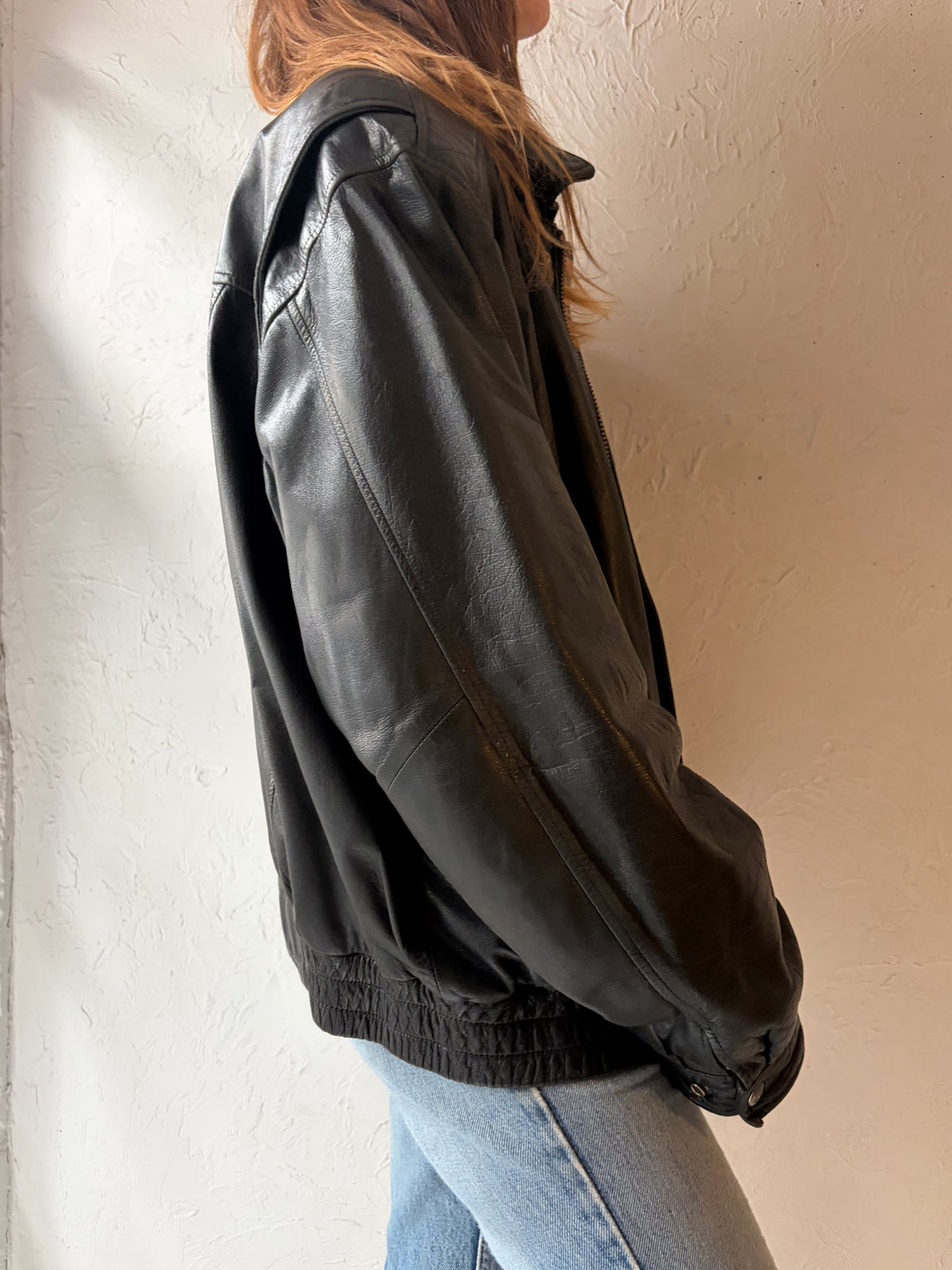 90s 'Wilsons' Black Leather Bomber Jacket / Large