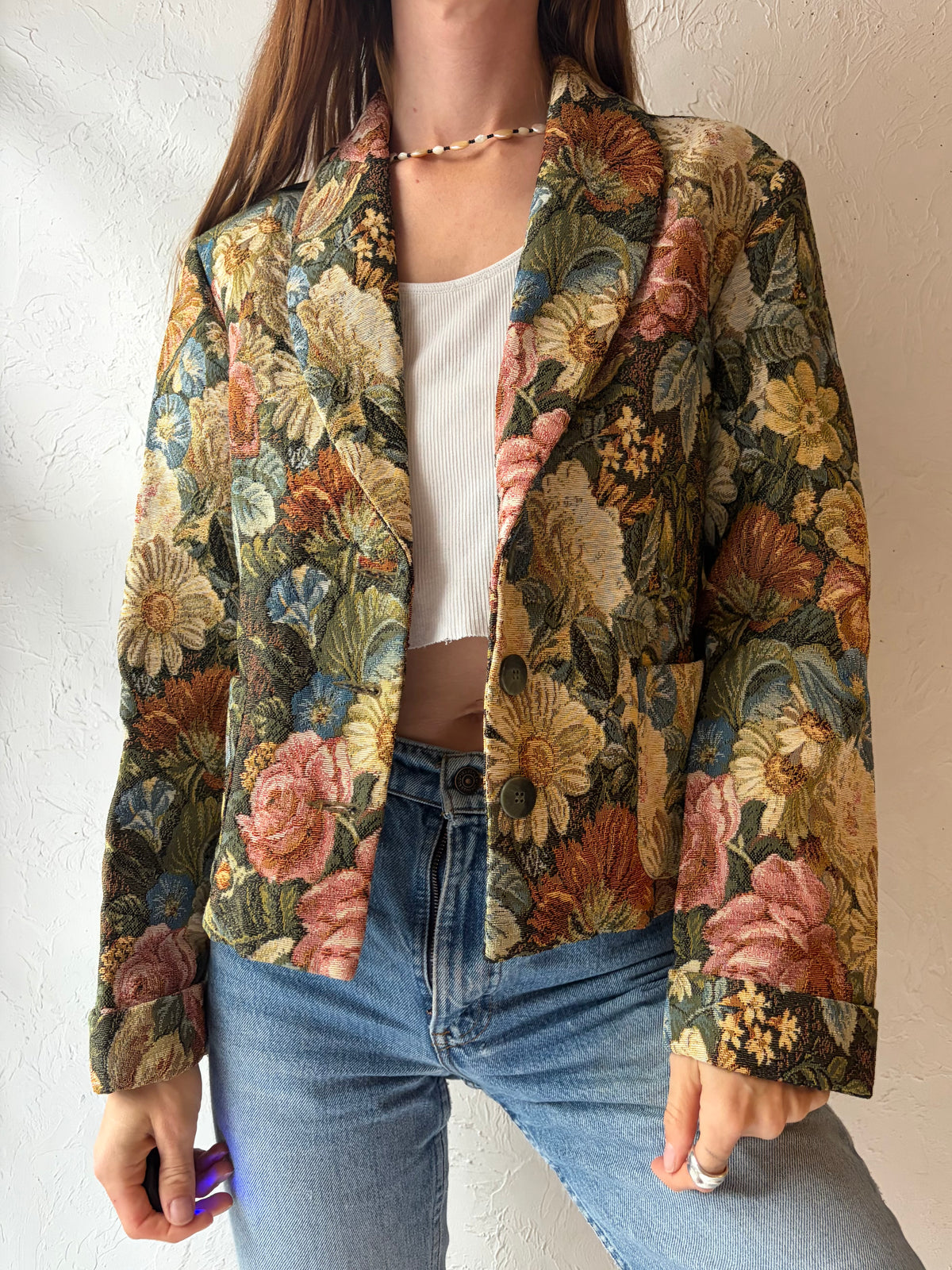 90s 'Nine to Nine' Floral Tapestry Retro Boho Statement Blazer Jacket / Small