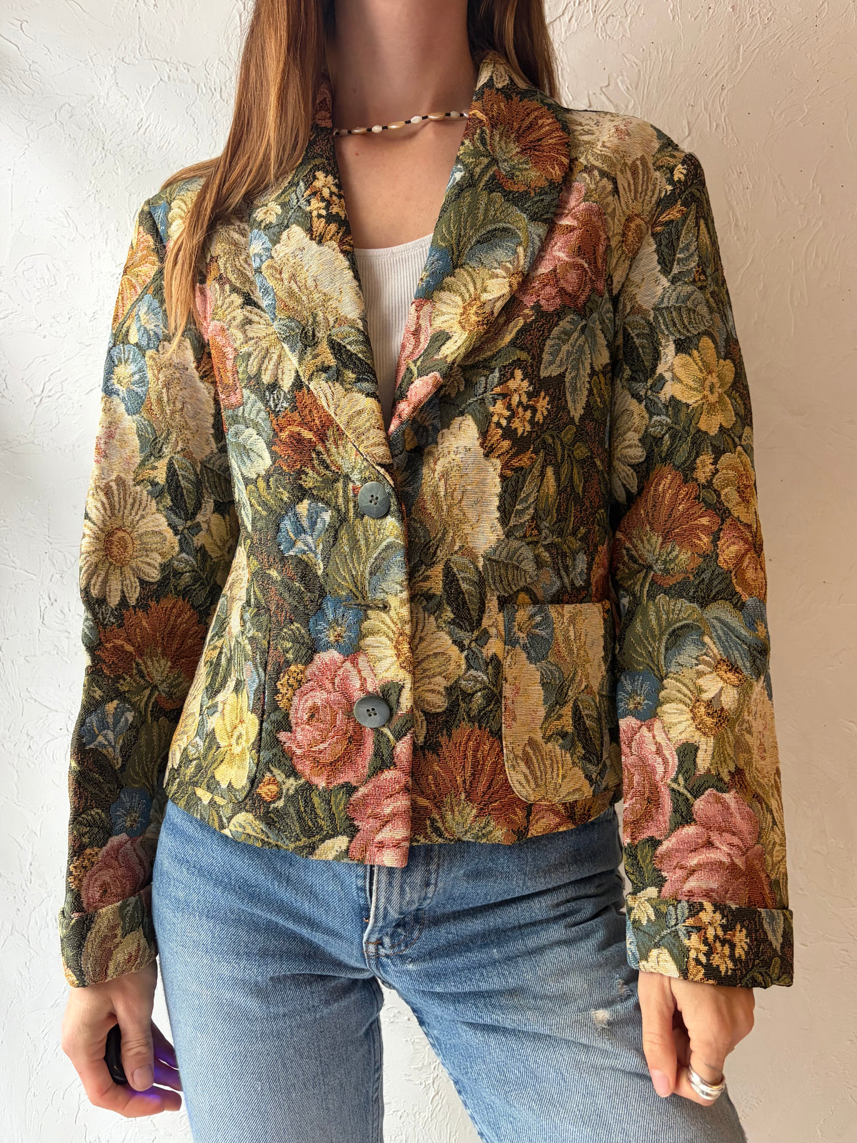 90s 'Nine to Nine' Floral Tapestry Retro Boho Statement Blazer Jacket / Small
