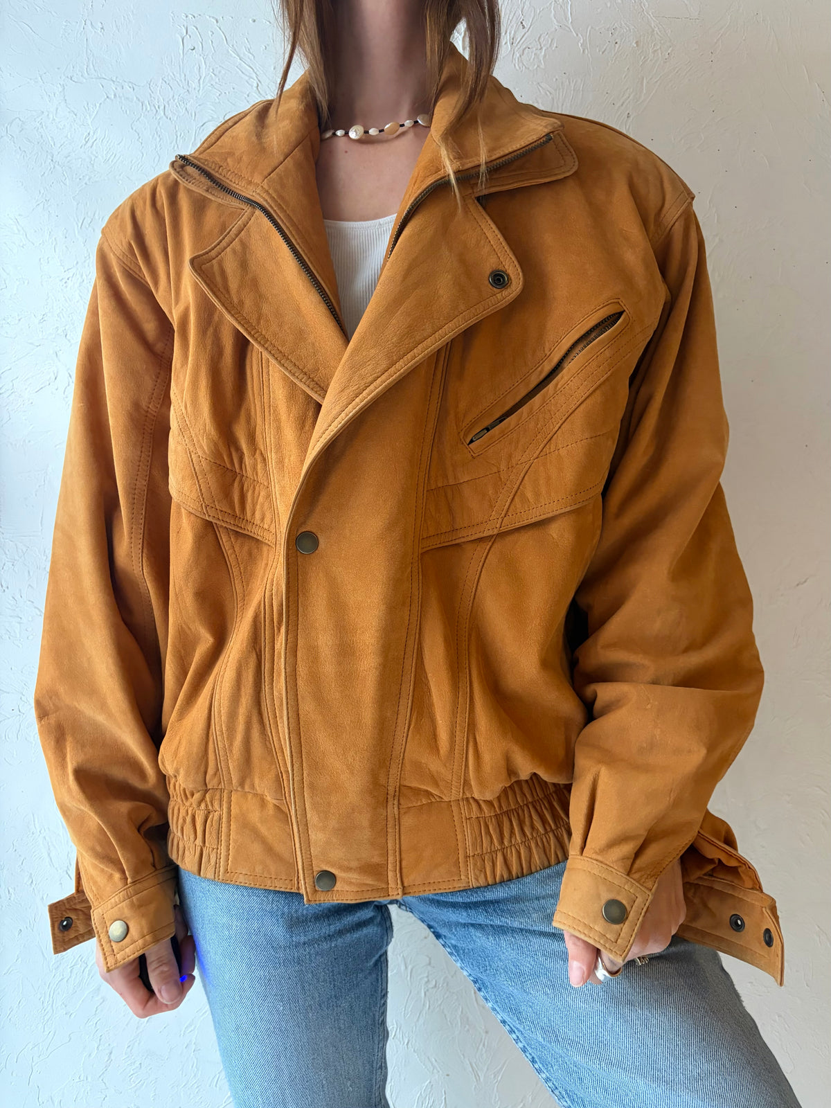 90s ‘Euro Sport’ Tan Suede Leather Bomber Moto Biker Retro Fall Jacket / Large