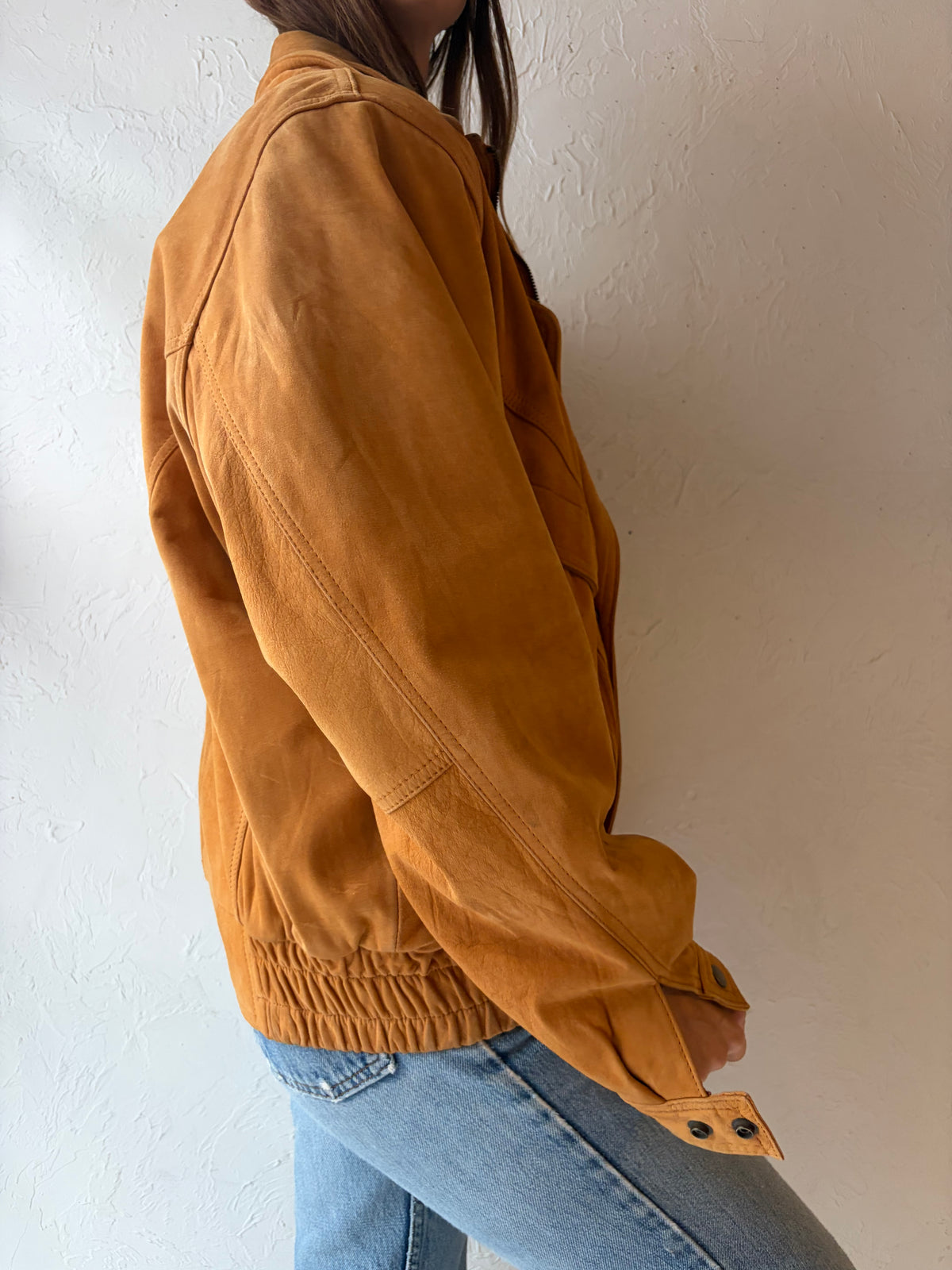 90s ‘Euro Sport’ Tan Suede Leather Bomber Moto Biker Retro Fall Jacket / Large