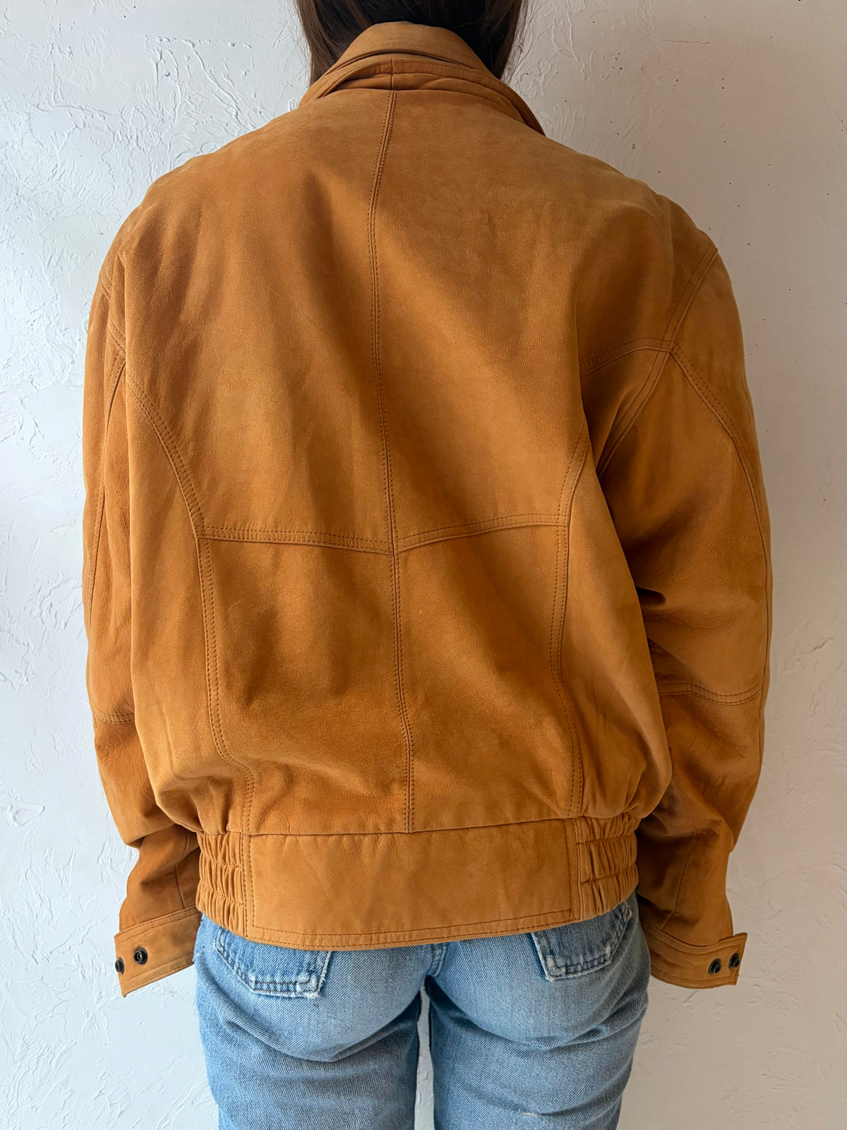 90s ‘Euro Sport’ Tan Suede Leather Bomber Moto Biker Retro Fall Jacket / Large