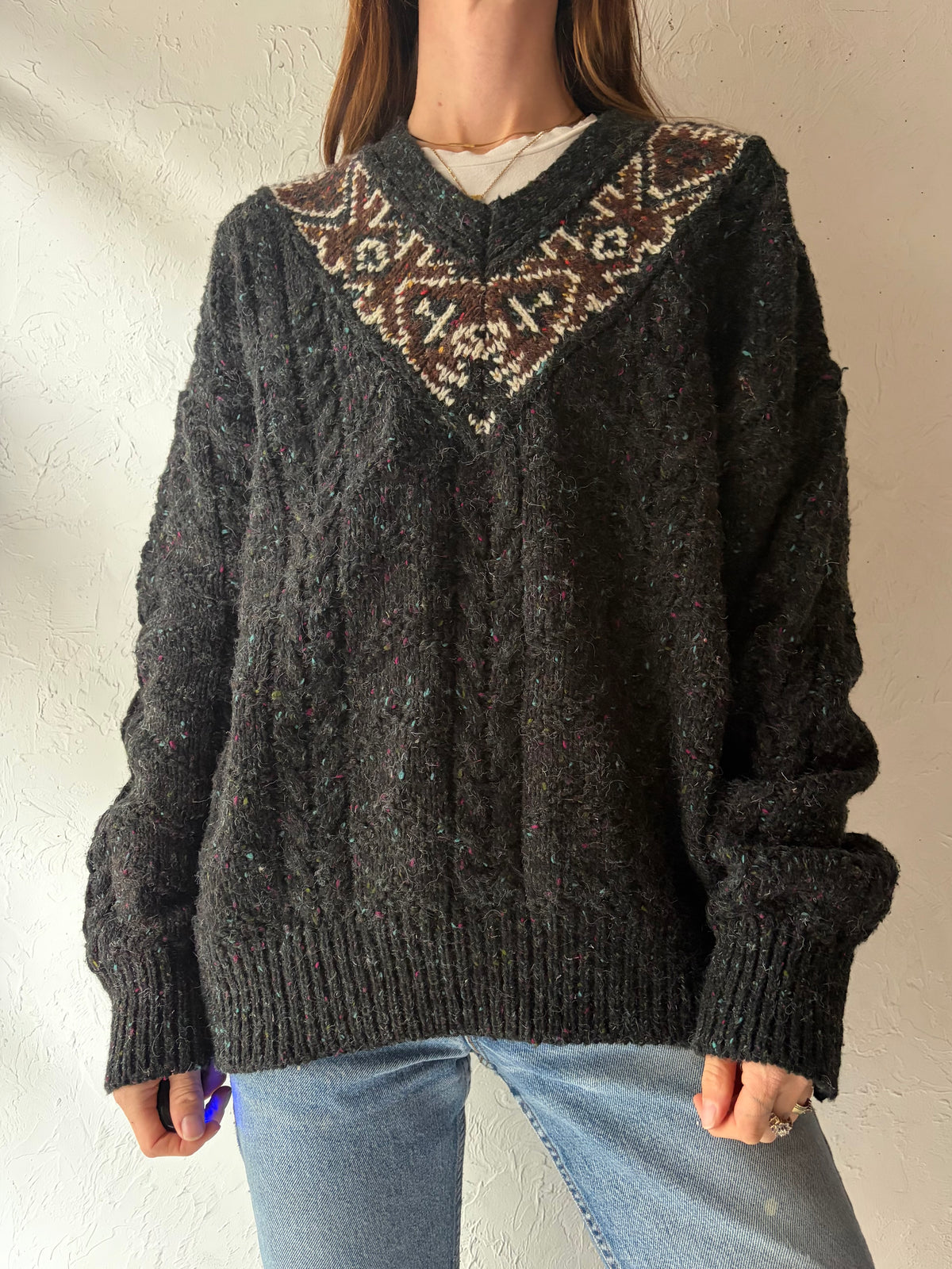 90s 'Paulo Conti' Charcoal Variegated Fair Isle V Neck Cable Knit Pullover Sweater / Medium