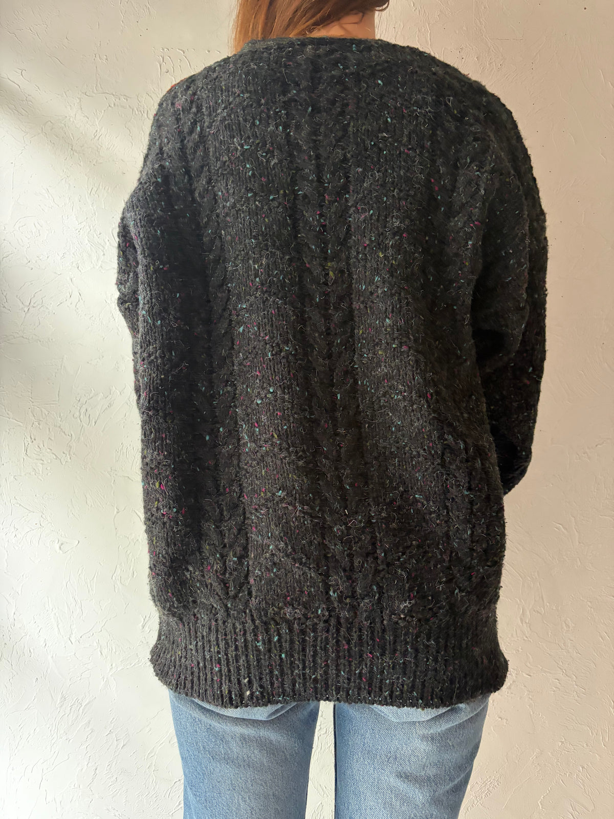 90s 'Paulo Conti' Charcoal Variegated Fair Isle V Neck Cable Knit Pullover Sweater / Medium