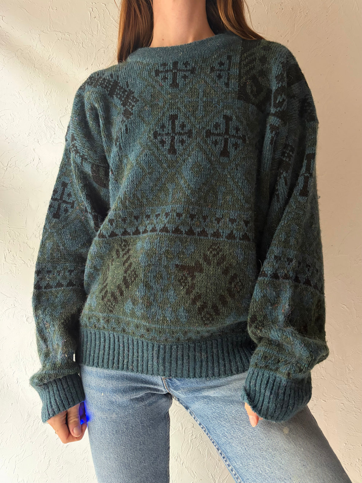 90s 'Functionals' Green Patterned Sweater / Small