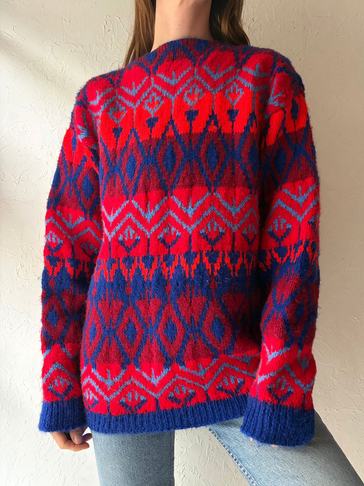 90s Vintage Red & Blue Geometric Retro Crew Neck Oversized Knit Pullover Sweater / Medium