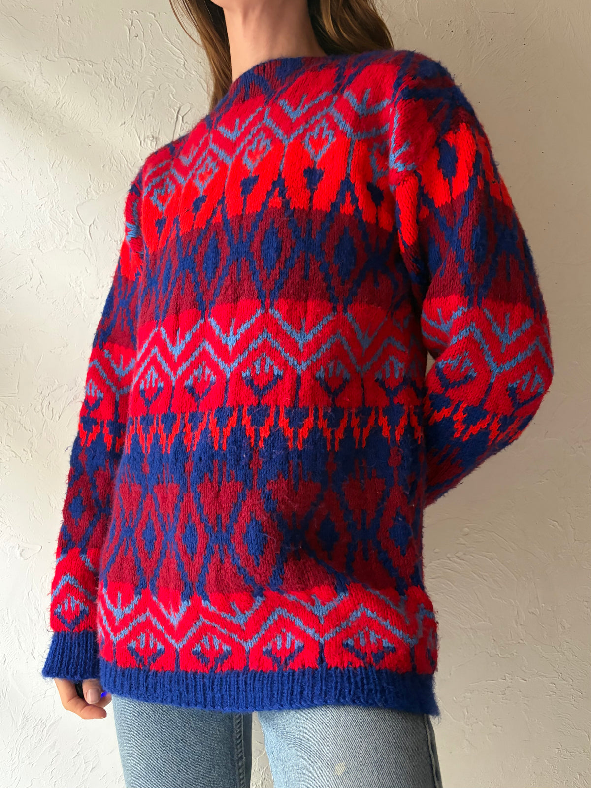 90s Vintage Red & Blue Geometric Retro Crew Neck Oversized Knit Pullover Sweater / Medium