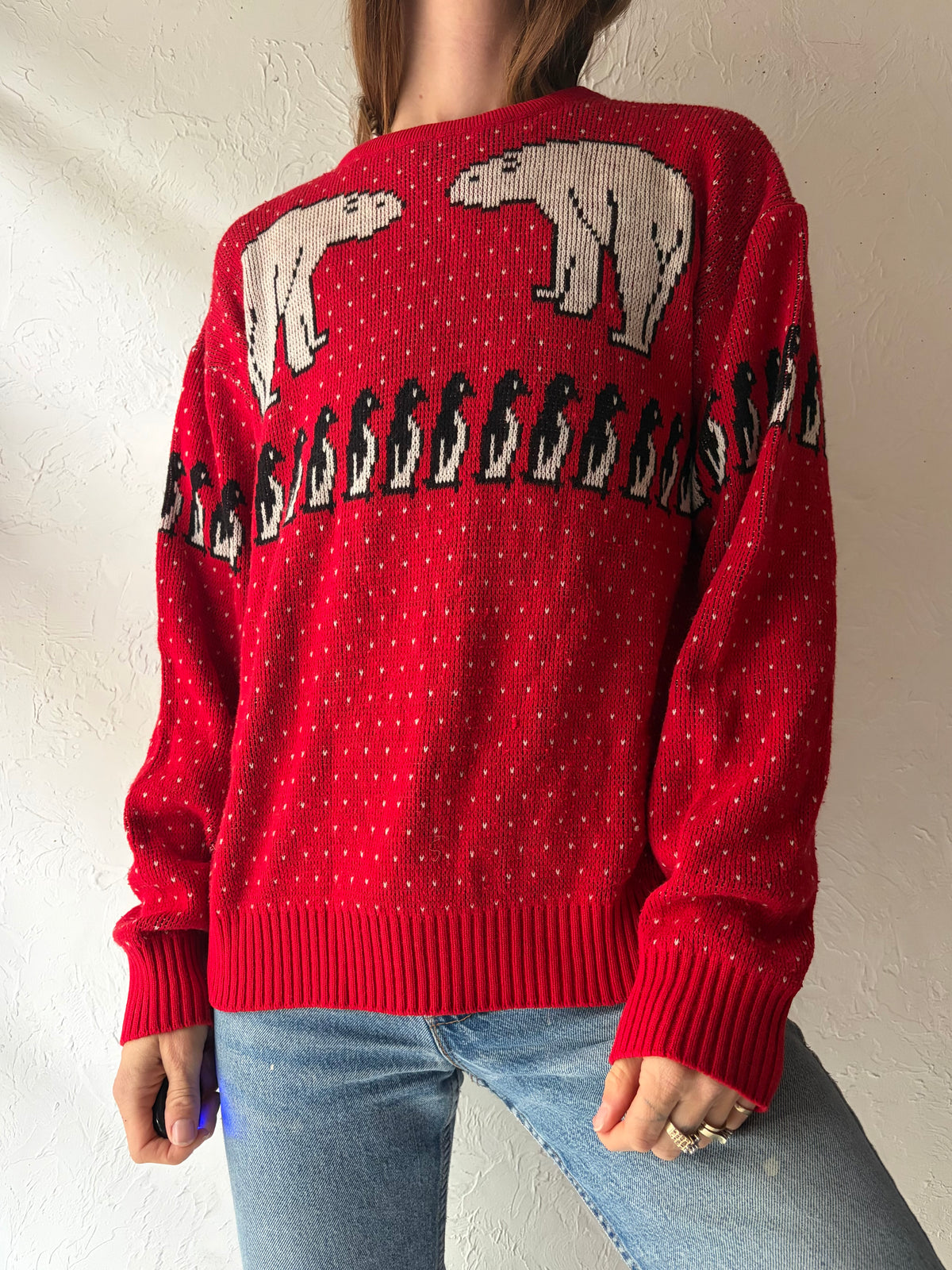 80s 'Panache Red' Polar Bear & Penguin Winter Holiday Novelty Pullover Knit Sweater / Small