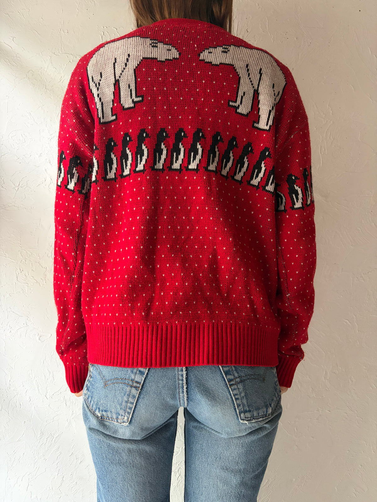 80s 'Panache Red' Polar Bear & Penguin Winter Holiday Novelty Pullover Knit Sweater / Small