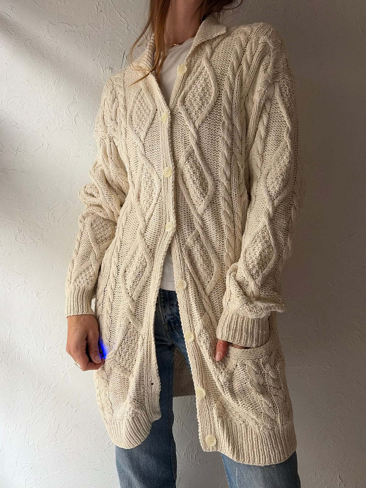 90s 'Magnolia' Cream Minimalist Cottagecore Cable Knit Longline Cardigan Sweater / Large