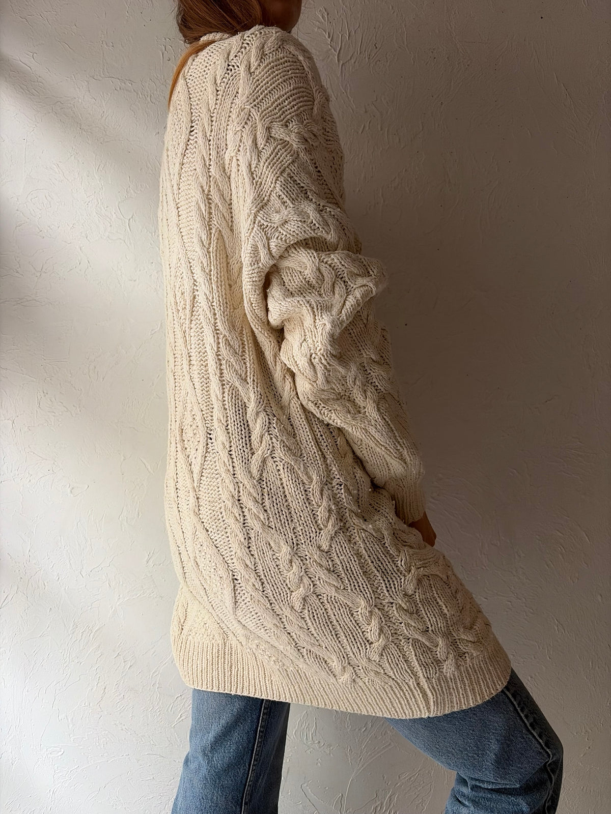 90s 'Magnolia' Cream Minimalist Cottagecore Cable Knit Longline Cardigan Sweater / Large