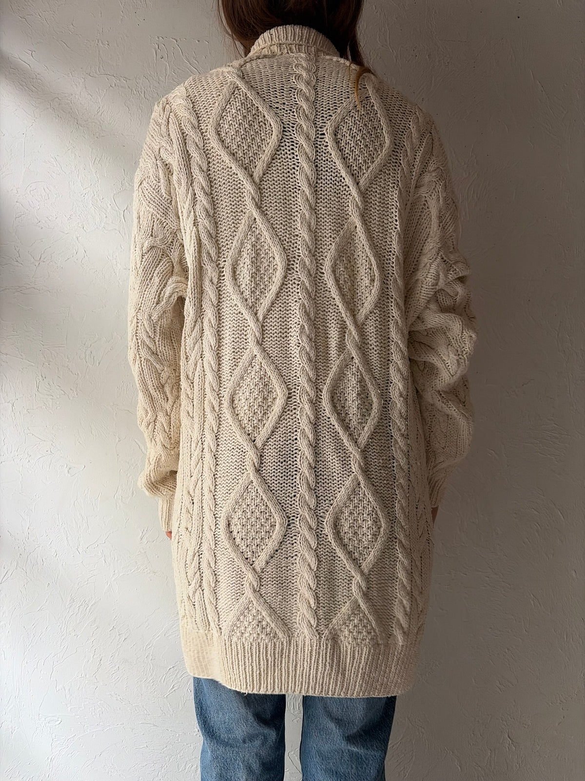 90s 'Magnolia' Cream Minimalist Cottagecore Cable Knit Longline Cardigan Sweater / Large