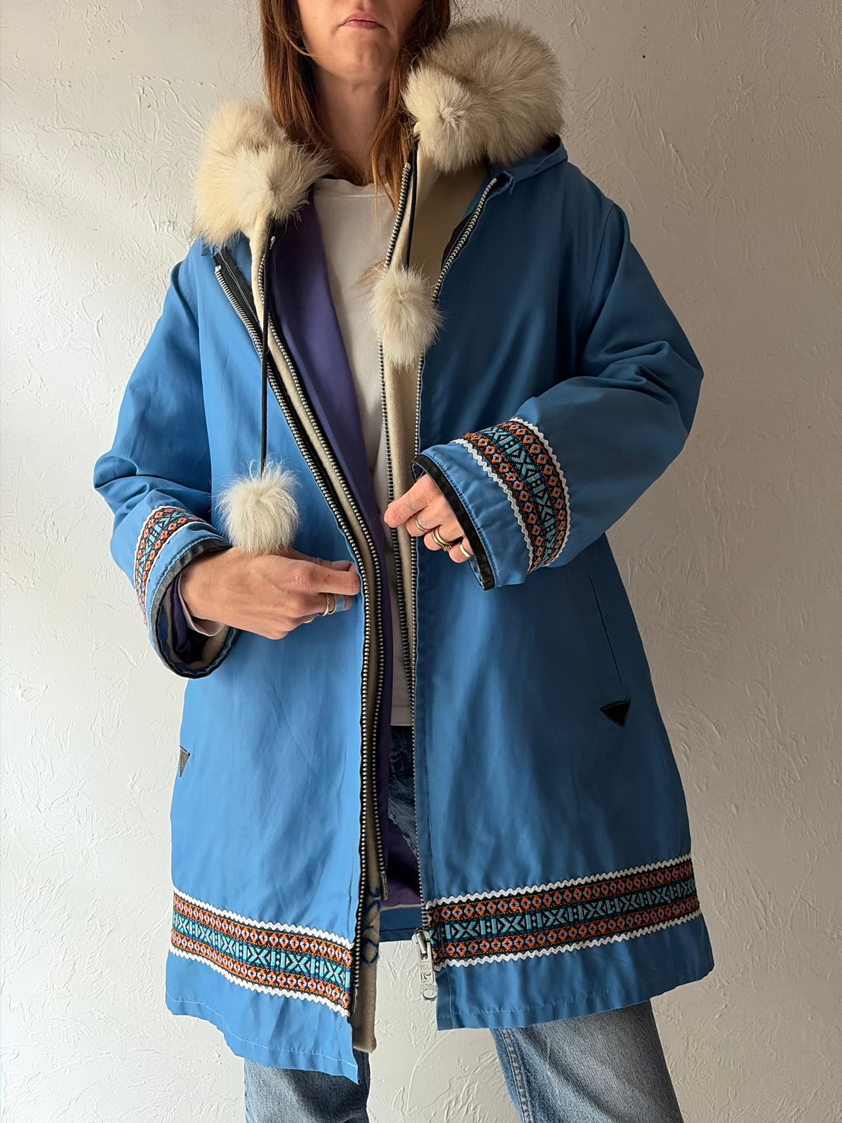 80s 'Opaquia' White Wool Hooded Embroidered Winter Parka Coat / Small