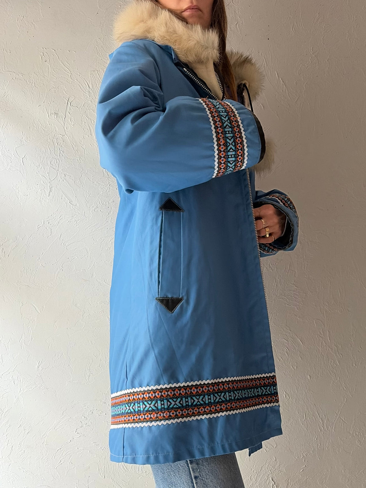 80s 'Opaquia' White Wool Hooded Embroidered Winter Parka Coat / Small