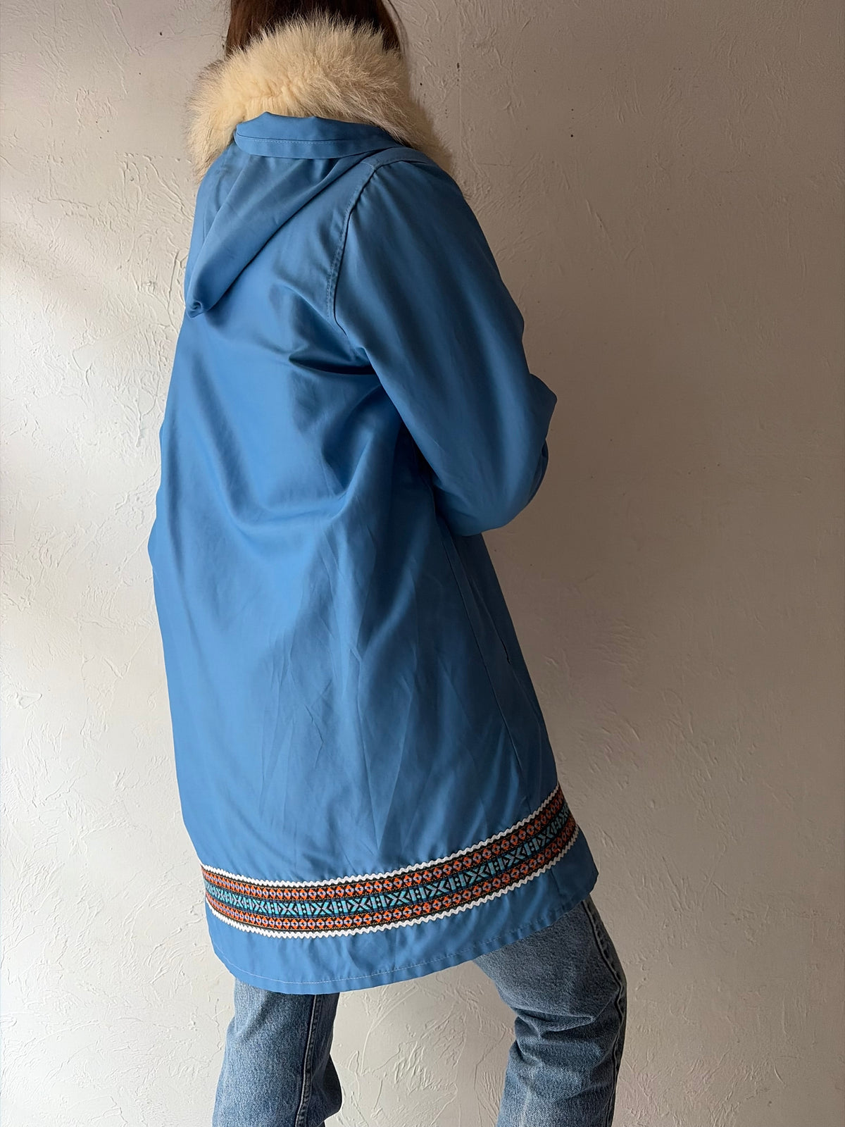 80s 'Opaquia' White Wool Hooded Embroidered Winter Parka Coat / Small