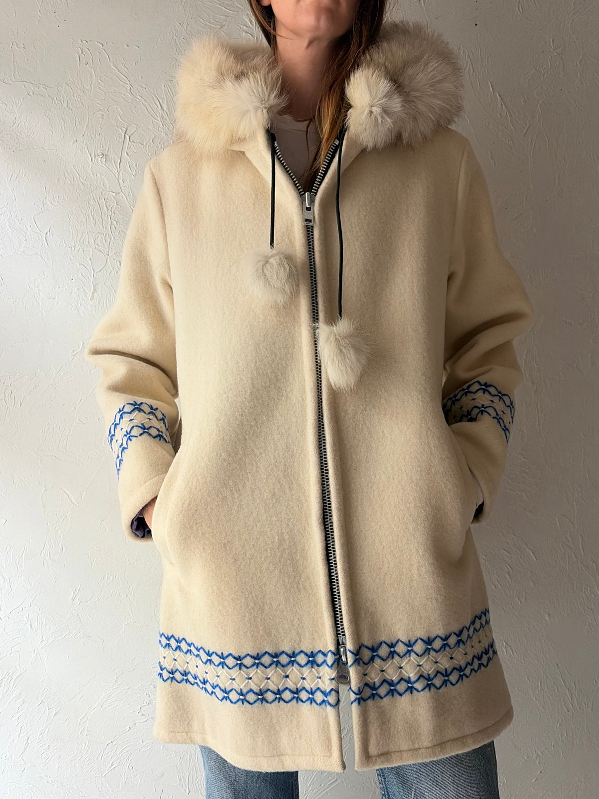 80s 'Opaquia' White Wool Hooded Embroidered Winter Parka Coat / Small