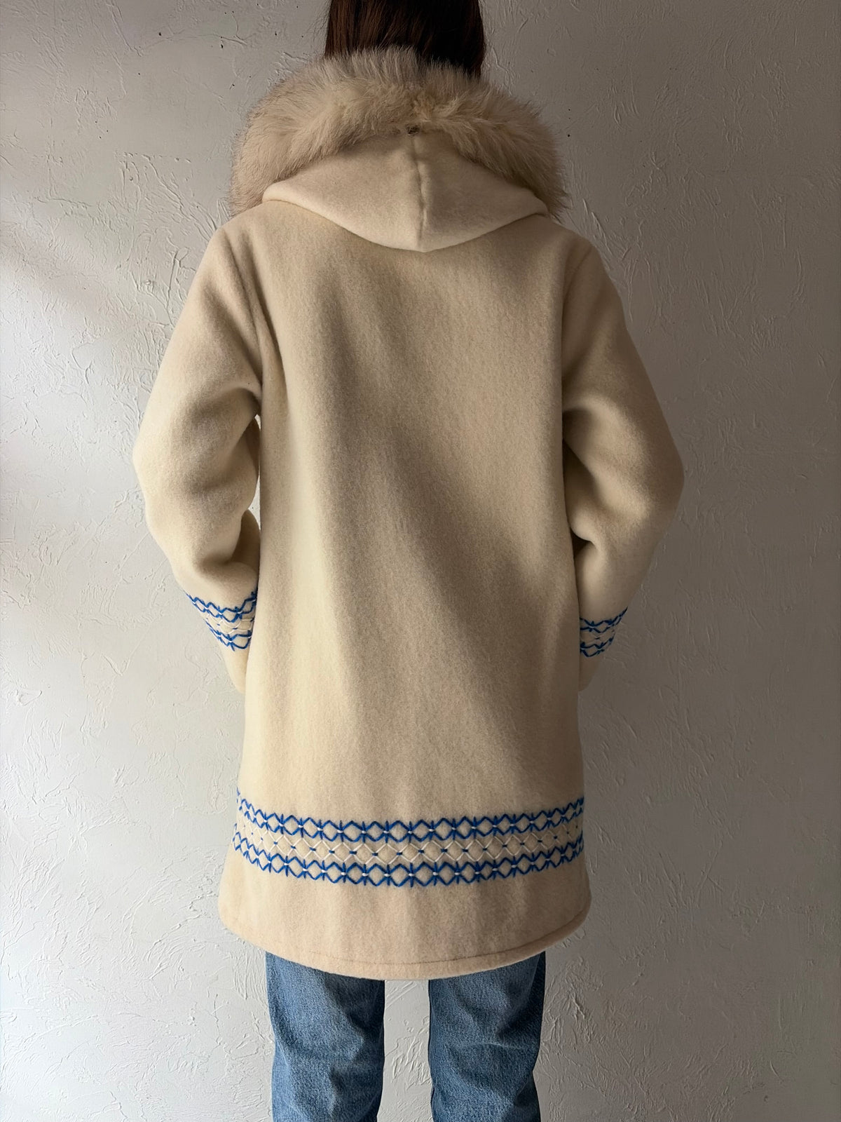80s 'Opaquia' White Wool Hooded Embroidered Winter Parka Coat / Small
