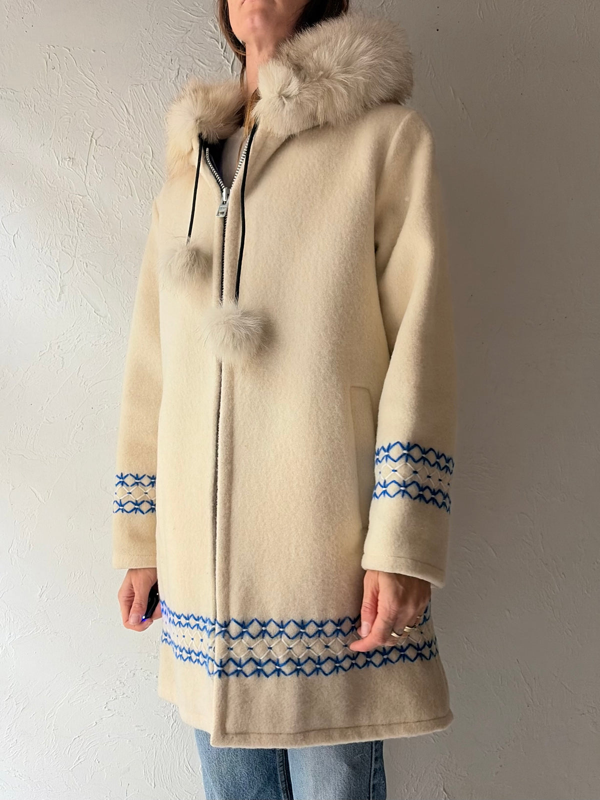 80s 'Opaquia' White Wool Hooded Embroidered Winter Parka Coat / Small