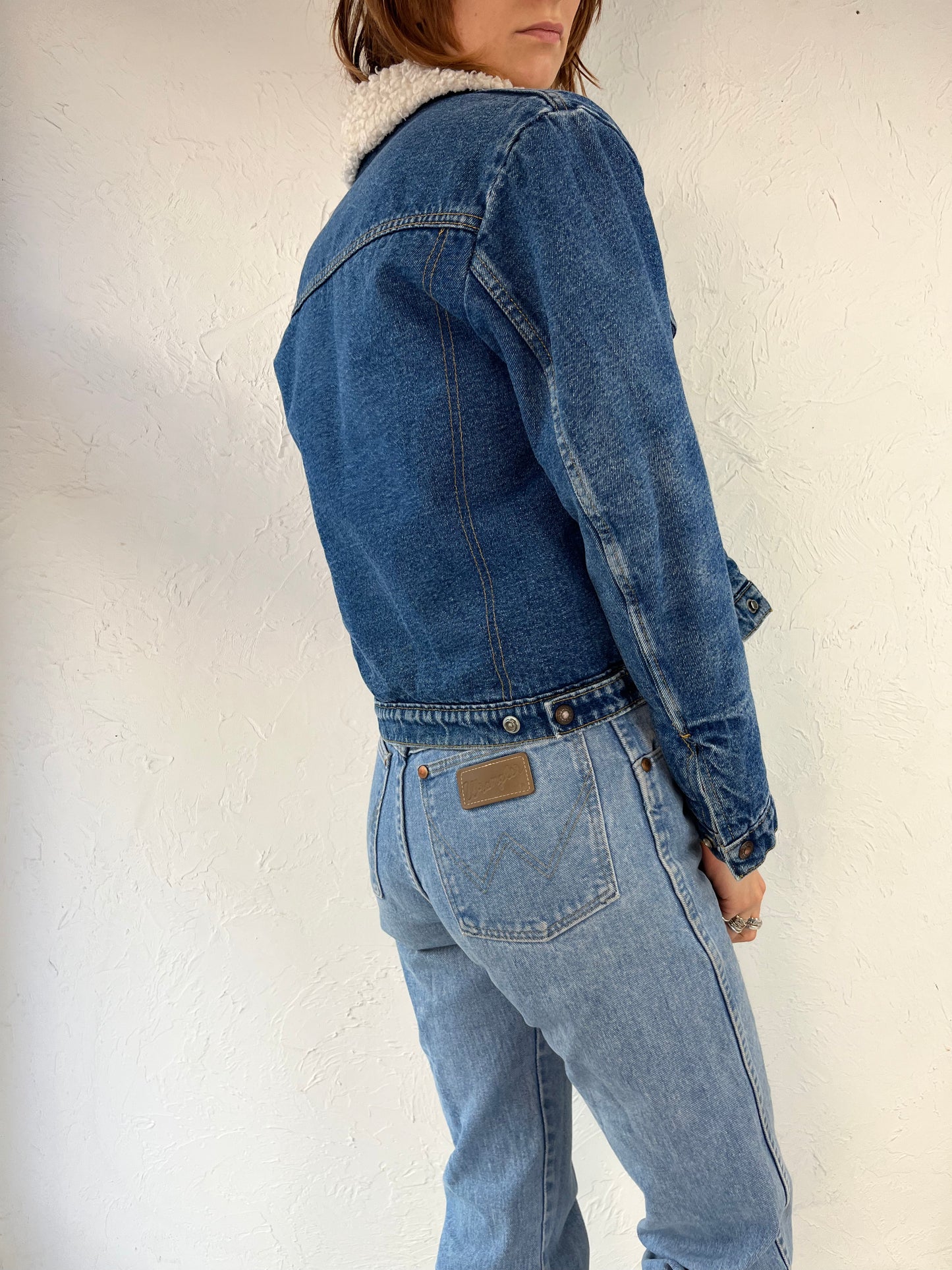 90s 'Essentials' Faux Shearling Lined Cropped Denim Jacket / Small