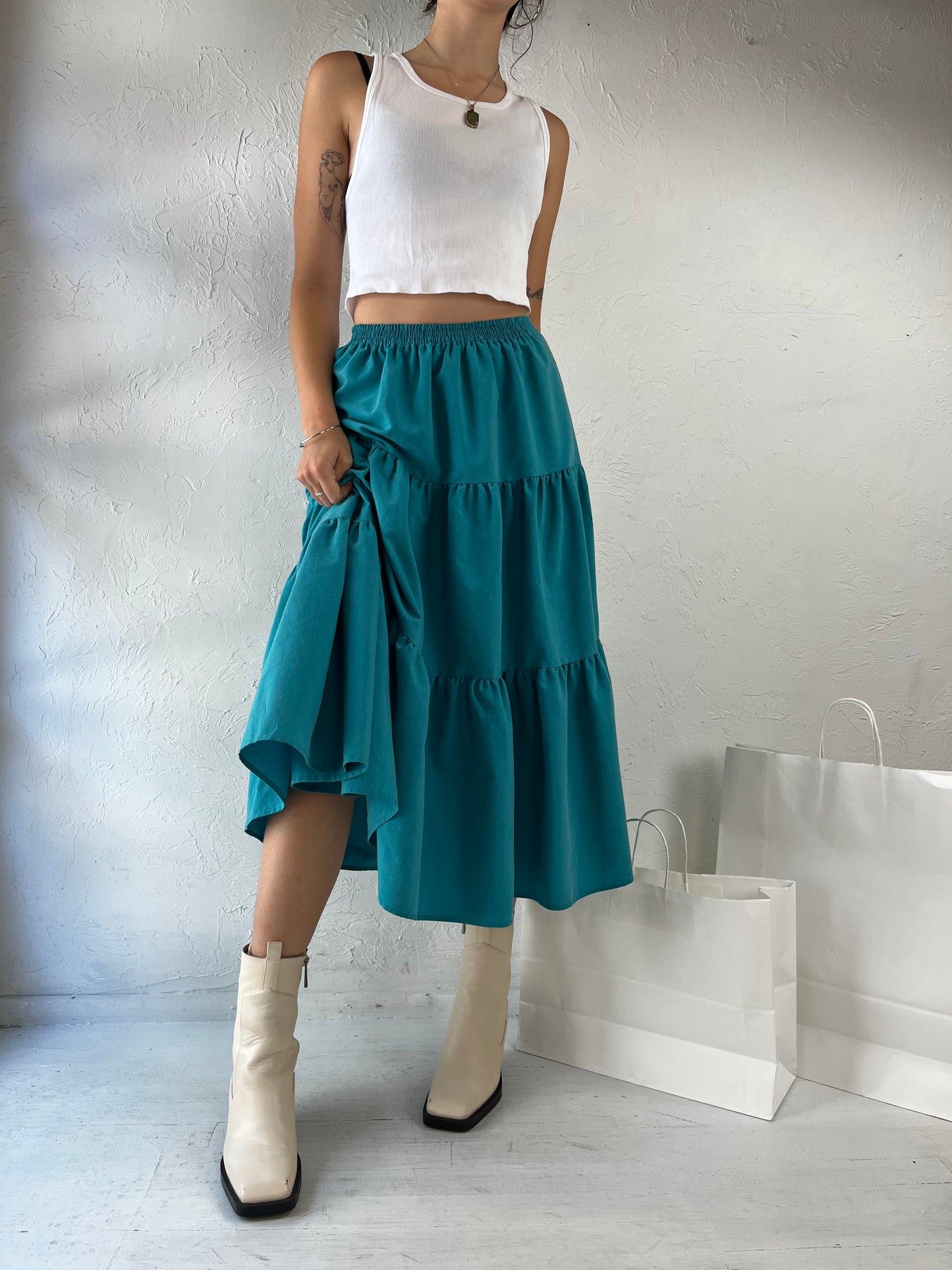 90s Teal Blue Peasant Skirt / Small