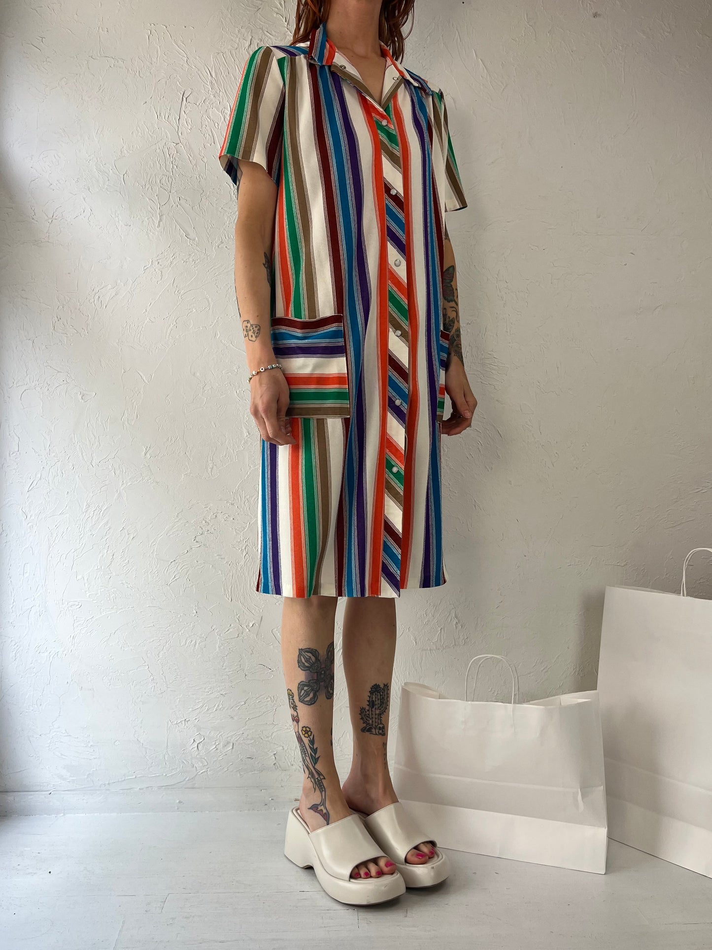 70s Striped Terri Towel Snap Up Dress / Small
