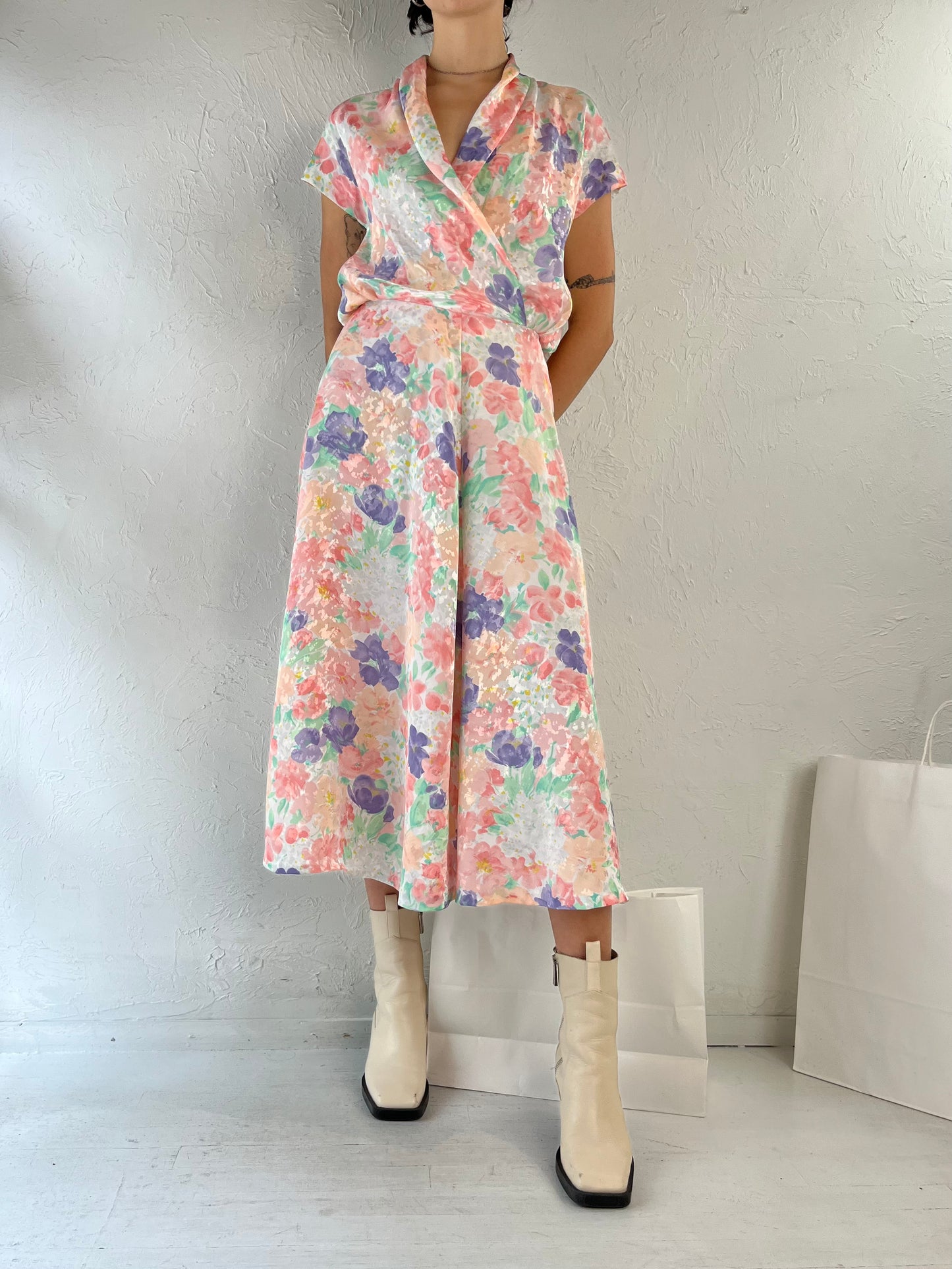 80s Pastel Floral Print Midi Dress / Small